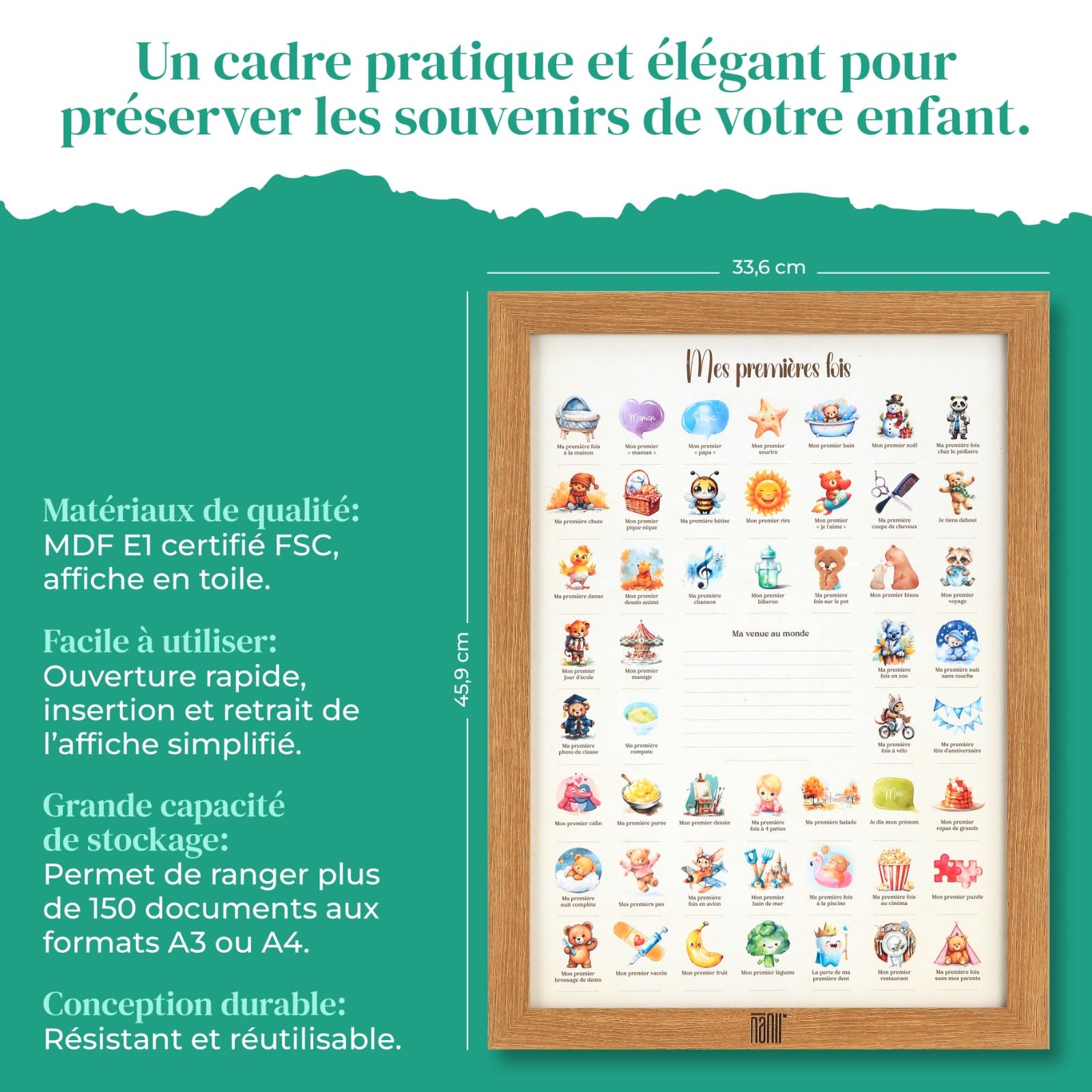 NANII Affiche Mes Premières Fois Bébé – Cadeau de Naissance Fille Garçon – Coffret Cadeau Baby Shower, Boîte Souvenir Parents, Femme Enceinte, Jeune Maman – Décoration Chambre Bébé