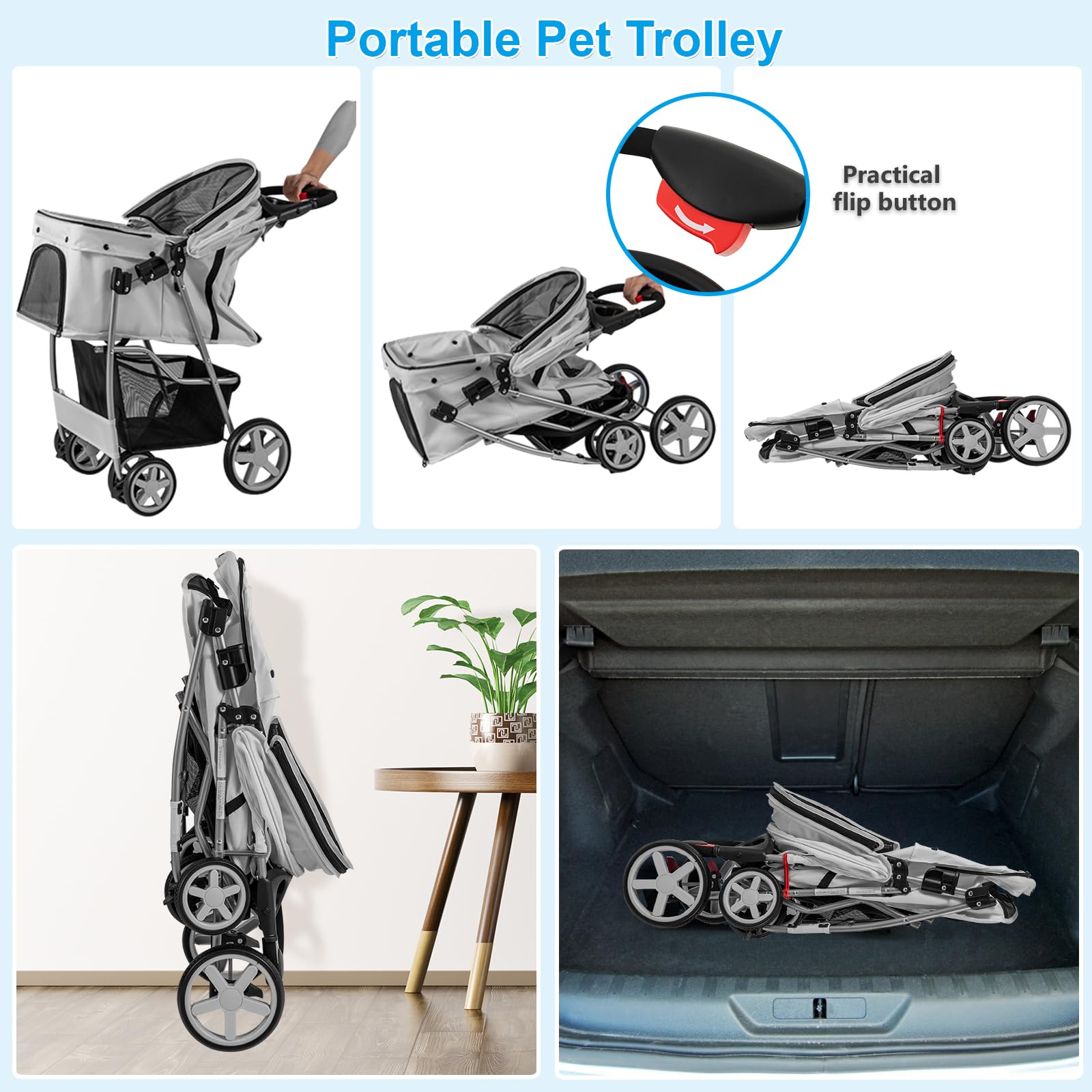 SOARS Hundebuggy, Hundewagen bis 15kg klappbar, Katzenwagen mit Netzfenstern & Getränkehalter & Aufbewahrungskorb, Haustier-Kinderwagen für kleine Haustiere (Grau)