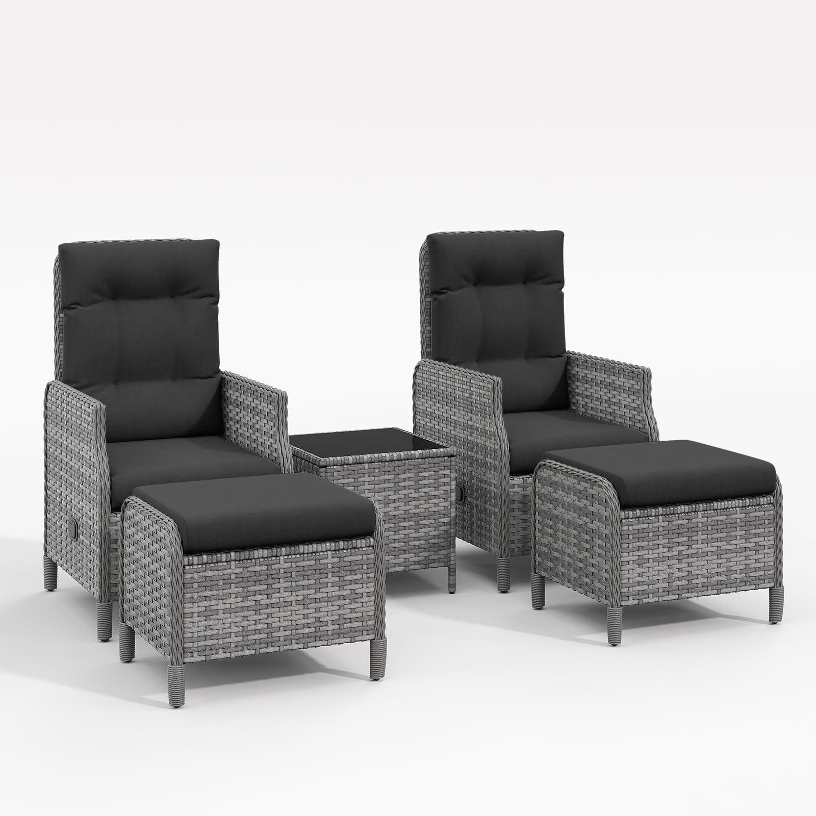 Amopatio Rattan Gartenmöbel Set mit 2 Verstellbarem Rattan Sessel, 2 Hocker & Glastisch, Wetterfest Lounge Möbel Outdoor mit Softkissen, für Garten,Terrasse & Balkon, Grau-meliert & Schwarz Bezüge