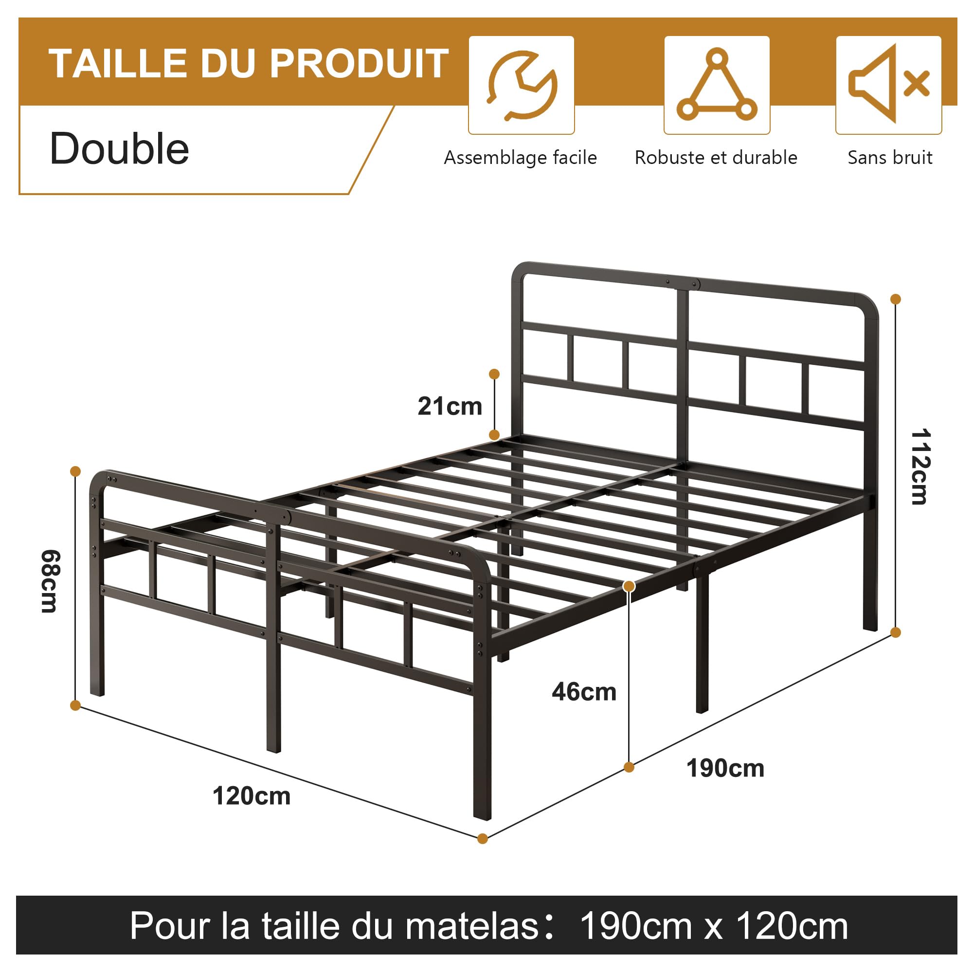 Yicensen Cadre de lit 120 x 190 cm avec Tête et Pied de Lit