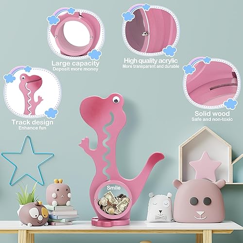 Miniatura 3 de Hucha de dinosaurio de madera Boalord para niños y niñas, banco de monedas de animales de vientre grande transparente para niños pequeños, juguete