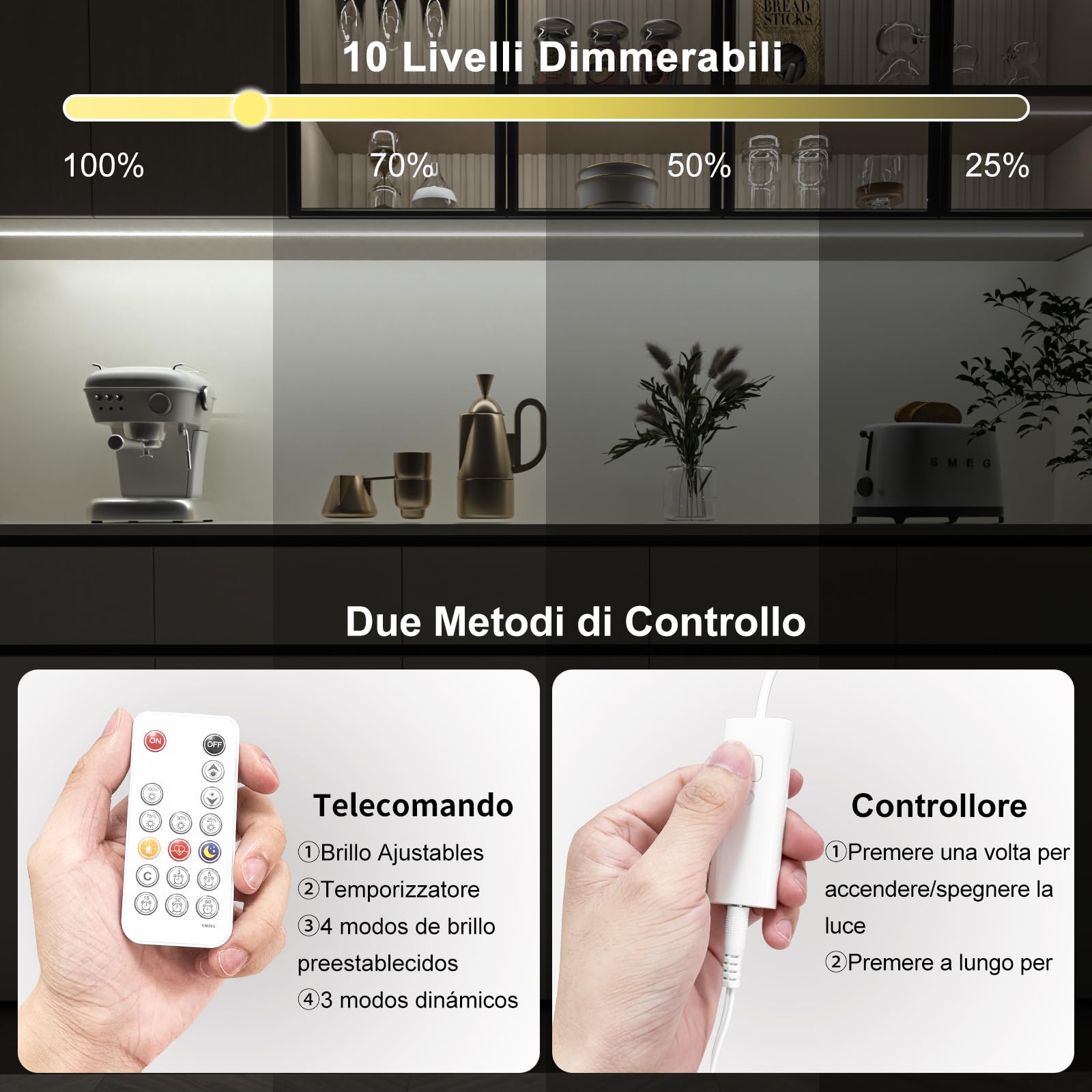 WOBANE Striscia Led COB 3 Metri 12V, Strisce Led Adesive con Telecomando Dimmerabile, CRI90+, Striscia Led Alta Luminosità con Spina per Cucina Sottopensile,Armadietti,Vetrine, Bianco Freddo 6000K