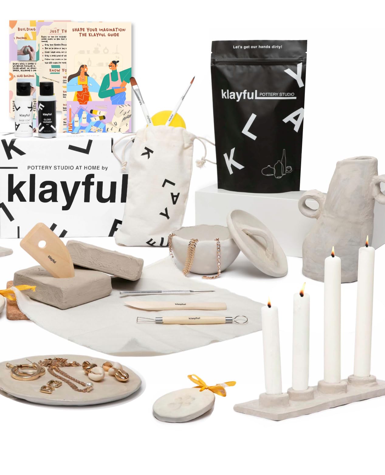 KLAYFUL- Kit Argilla Bianca Senza Cottura 1,5kg per Principianti – Kit Ceramica Fai da Te | Strumenti, Pennelli, Smalto, Guida Passo a Passo