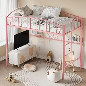 Loft Bed Twin Size with Stairs and Arched Guardrail, Sturdy Metal Slats Support, Space Saving, Noise Free, No Box Spring Needed, Ideal for Kid Room and Dorm, Pink