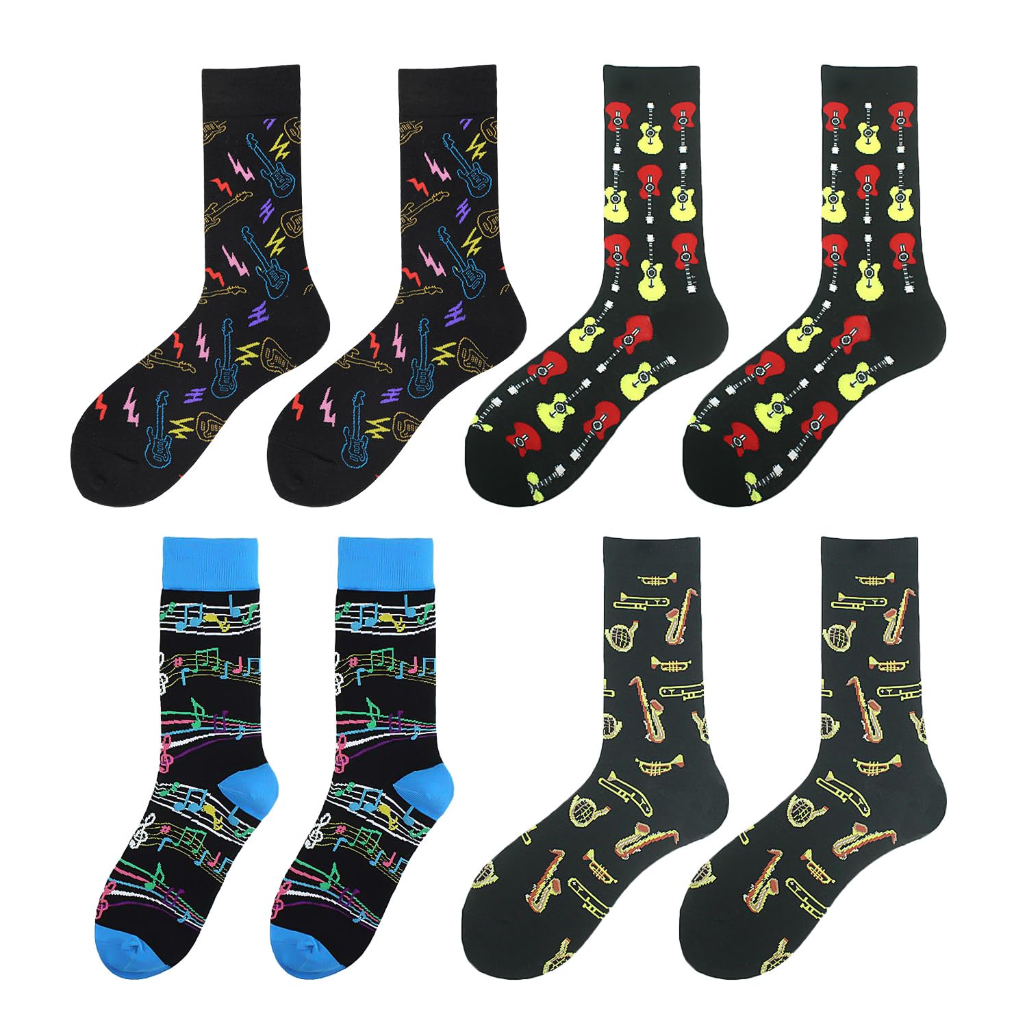 Set of 4 Pairs of Musical Instrument Socks - Guitar Socks, Unusual Gift for Guitarists