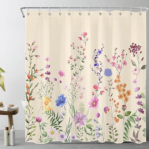 LB Farmhouse Floral Shower Curtain for Bathroom,Nature Colorful Wildflower and Green Botanical on Beige Fabric Shower Curtain with Hooks,Spring