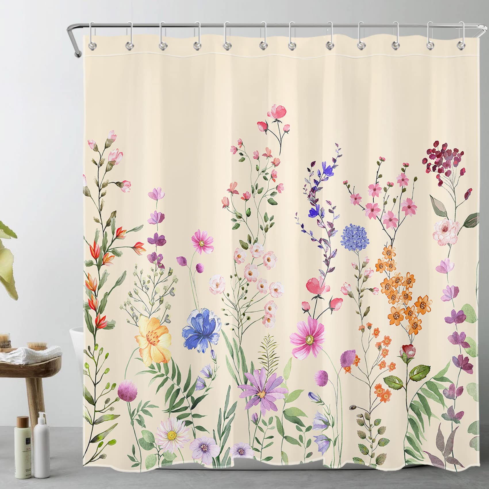 LB Farmhouse Floral Shower Curtain for Bathroom,Nature Colorful Wildflower and Green Botanical on Beige Fabric Shower Curtain with Hooks,Spring Country Theme Bathroom Curtains Shower Set, 72x72 inches