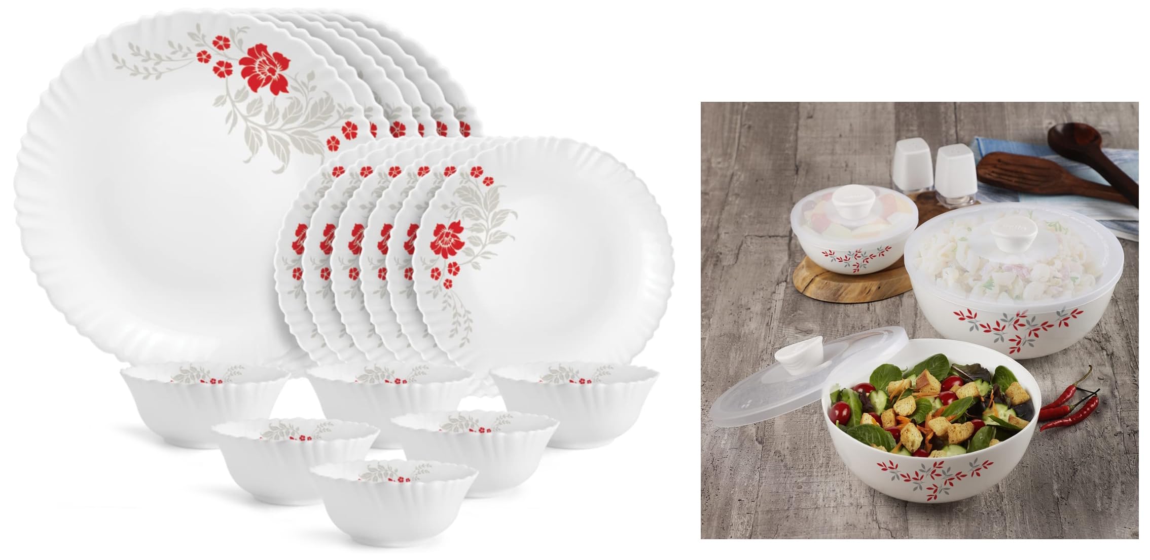 Cello Opalware Dazzle Scarlet Bliss Dinner Set, 18Pcs, White