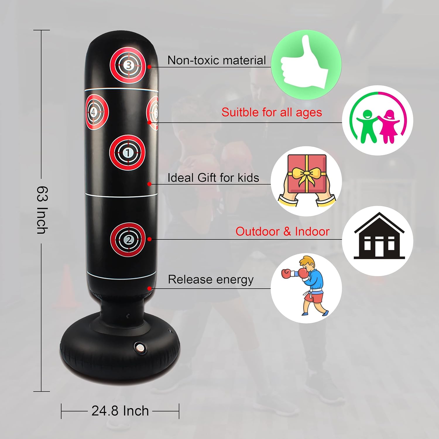 Inflatable Kids Punching Bag - 63 Inches Boxing Bag for Boys Training Karate Taekwondo MMA- Kicking Bag with Stand for Toddlers - Perfect Boxing Equipment for Kid Birthday Christmas Toys Gifts : Sports & Outdoors
