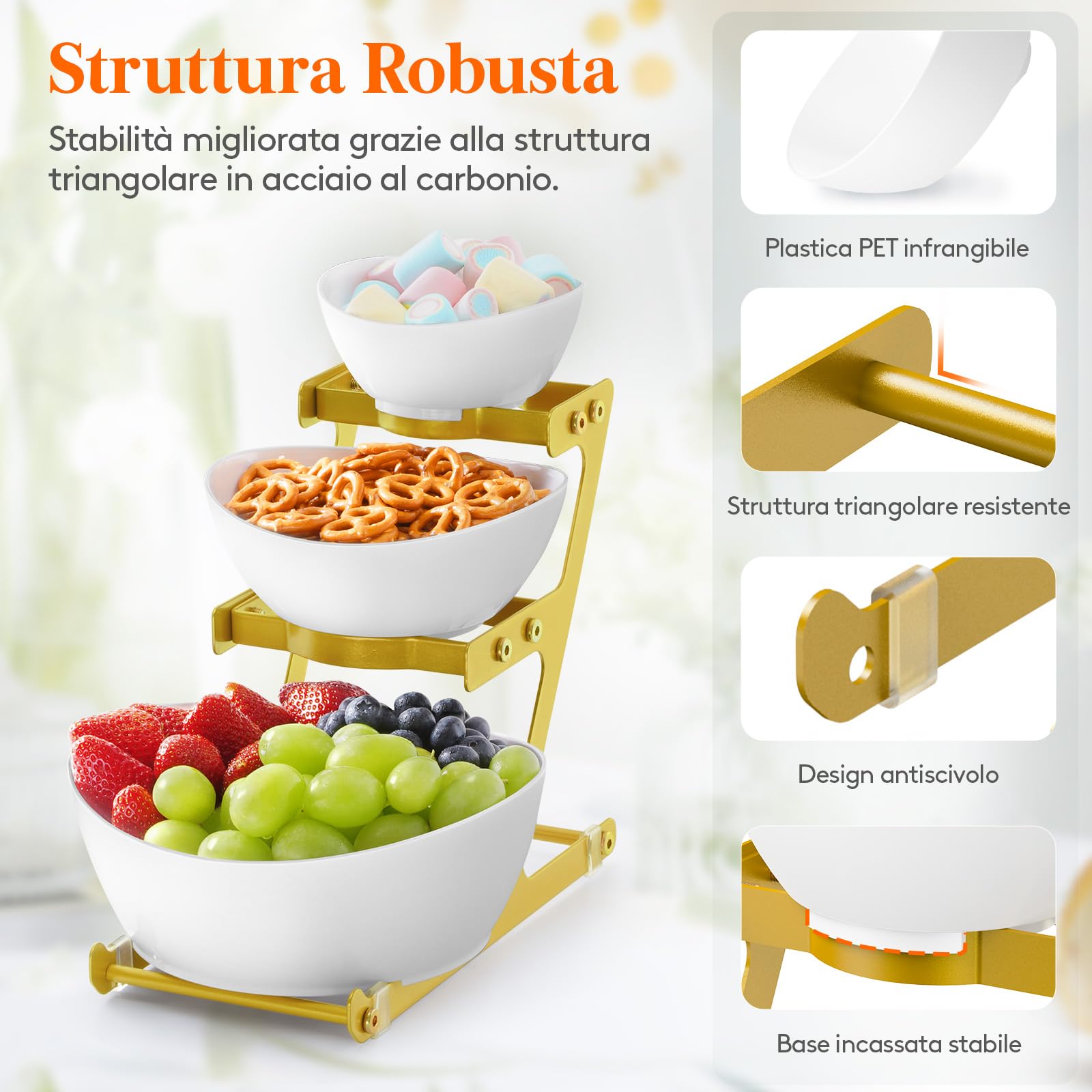 Lifewit Alzata a 3 piani con ciotole in plastica, 3 ripiani, con ripiano in metallo dorato, accessori per feste, buffet, ciotola da portata riutilizzabile per antipasti, frutta, snack