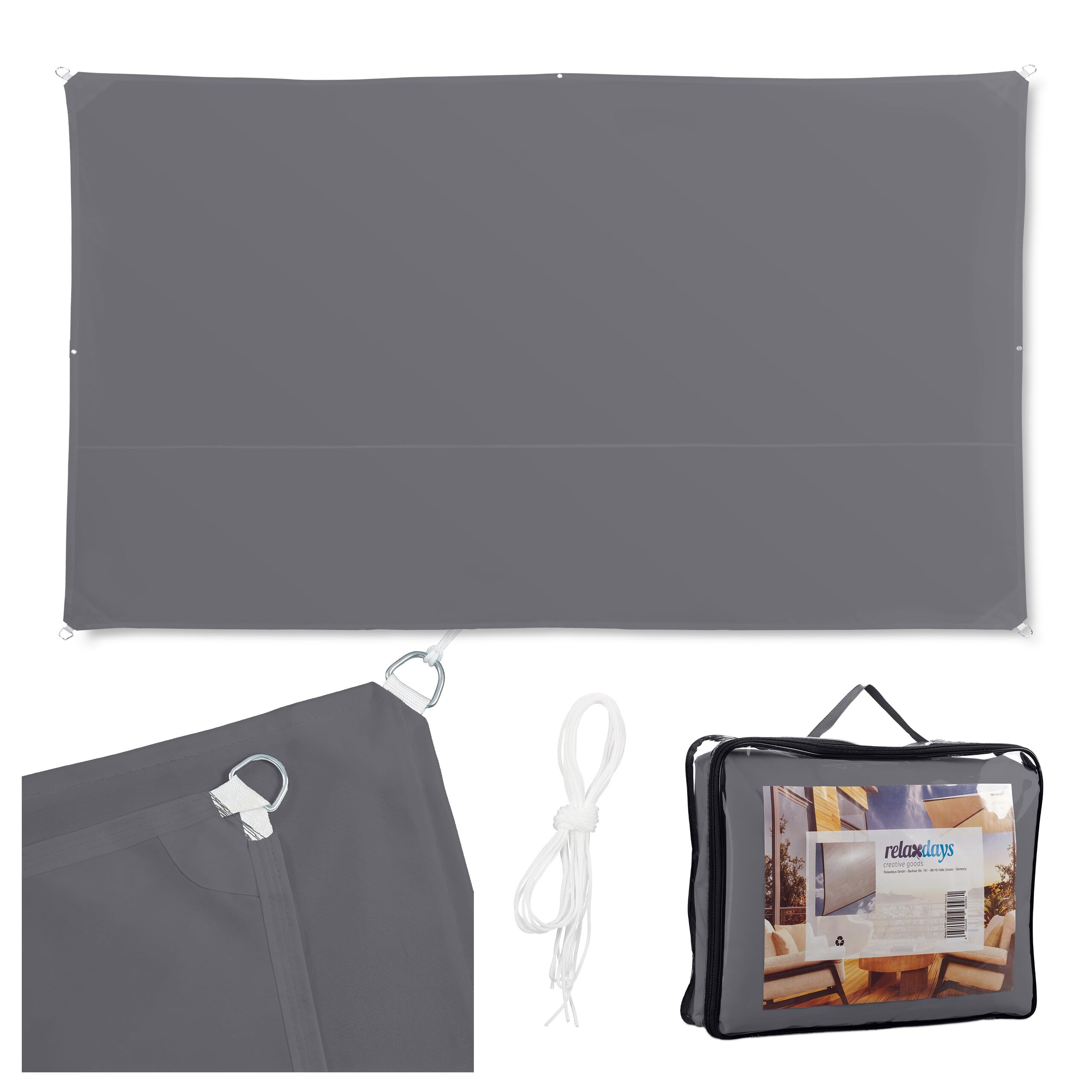 Relaxdays Sonnensegel Rechteckig 2 x 4 m, Grau, UV-beständig, Wasserabweisend, mit Spannseilen