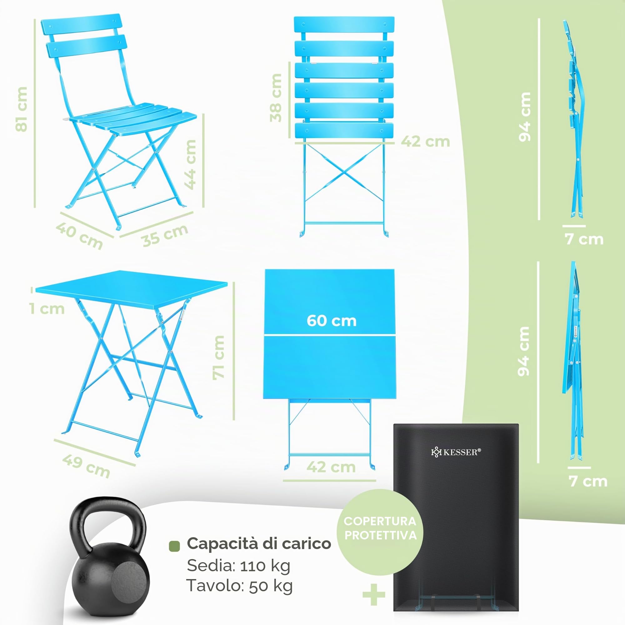 KESSER® Set di mobili da bistrot 3 pezzi con tavolo da bistrot e 2 sedie pieghevoli | Set di mobili da giardino per esterni, gruppo di sedute | Tavolo da giardino resistente ai raggi UV e agli agenti