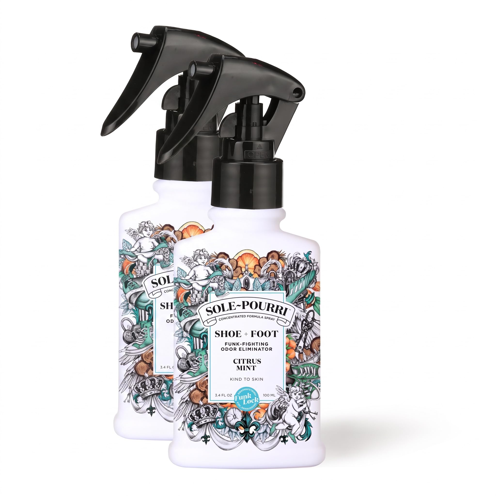 Sole-Pourri Shoe Deodorizer + Foot Spray,3.4 Fl Oz,Up to 150 Uses,Funk-Fighting Odor Freshener with Essential Oils,for Smelly Shoes,Feet &amp; Gym Bags,Citrus &amp; Mint Scent,(Pack of 2)