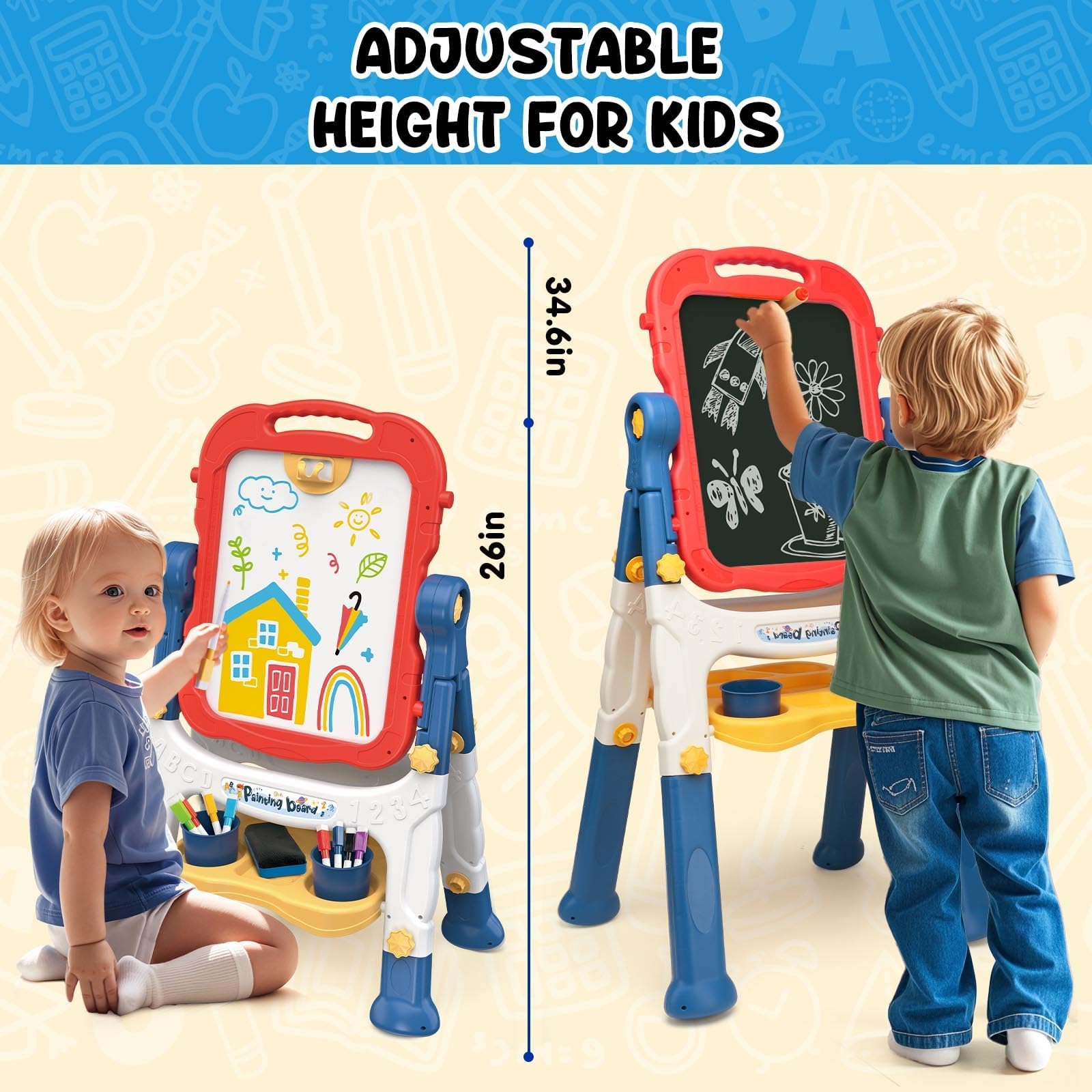 Caballete para niños, caballete para niños, pizarra de tiza de doble cara para niños, pizarra blanca, caballete de arte para niños, caballete de arte de 4 a 8 años, regalo de Navidad, rojo y 2