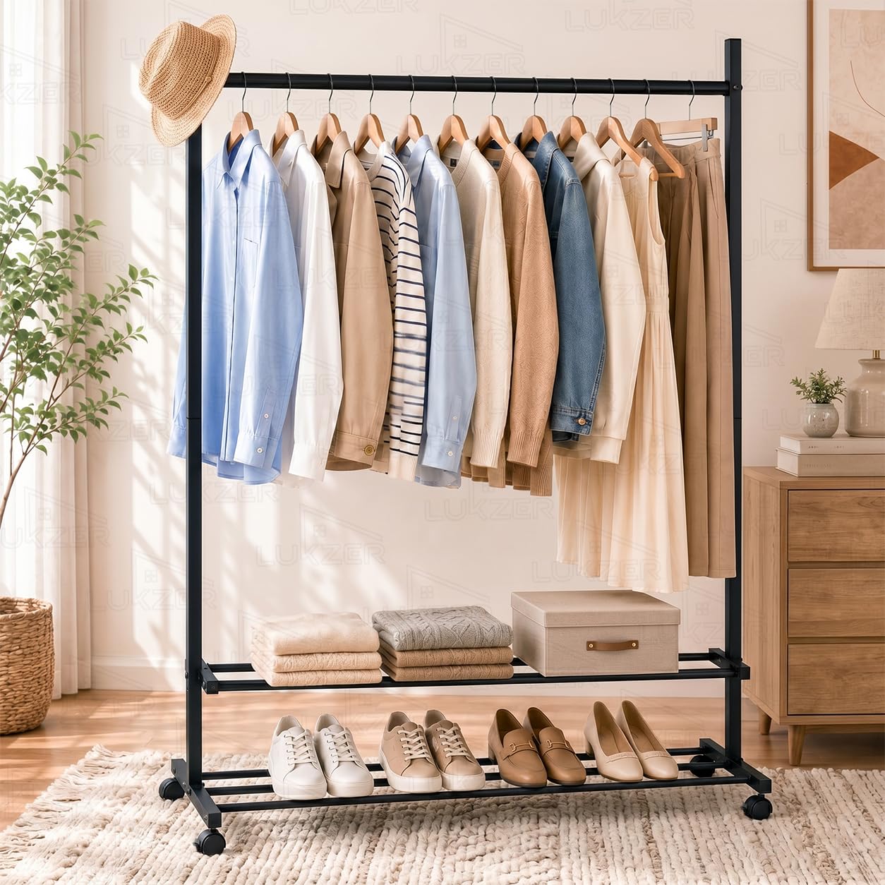 Lukzer Single Rod Metal Garment Rack with Wheels & 2 Bottom Shelves, Portable Clothes Stand/Coat Hanger Rack with Shoe Storage for Bedroom, Entryway & Open Wardrobe (Black/109x34x162 cm)