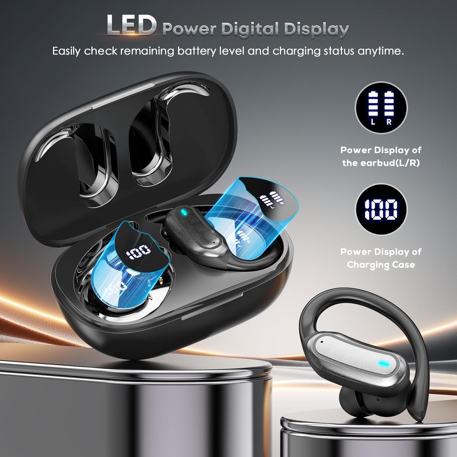 TRAUSI Auriculares inalámbricos Bluetooth, Bluetooth 5.3 estéreo, auriculares de diadema con cancelación de ruido, IPX7 resistentes al agua para entrenamiento/correr, color negro brillante