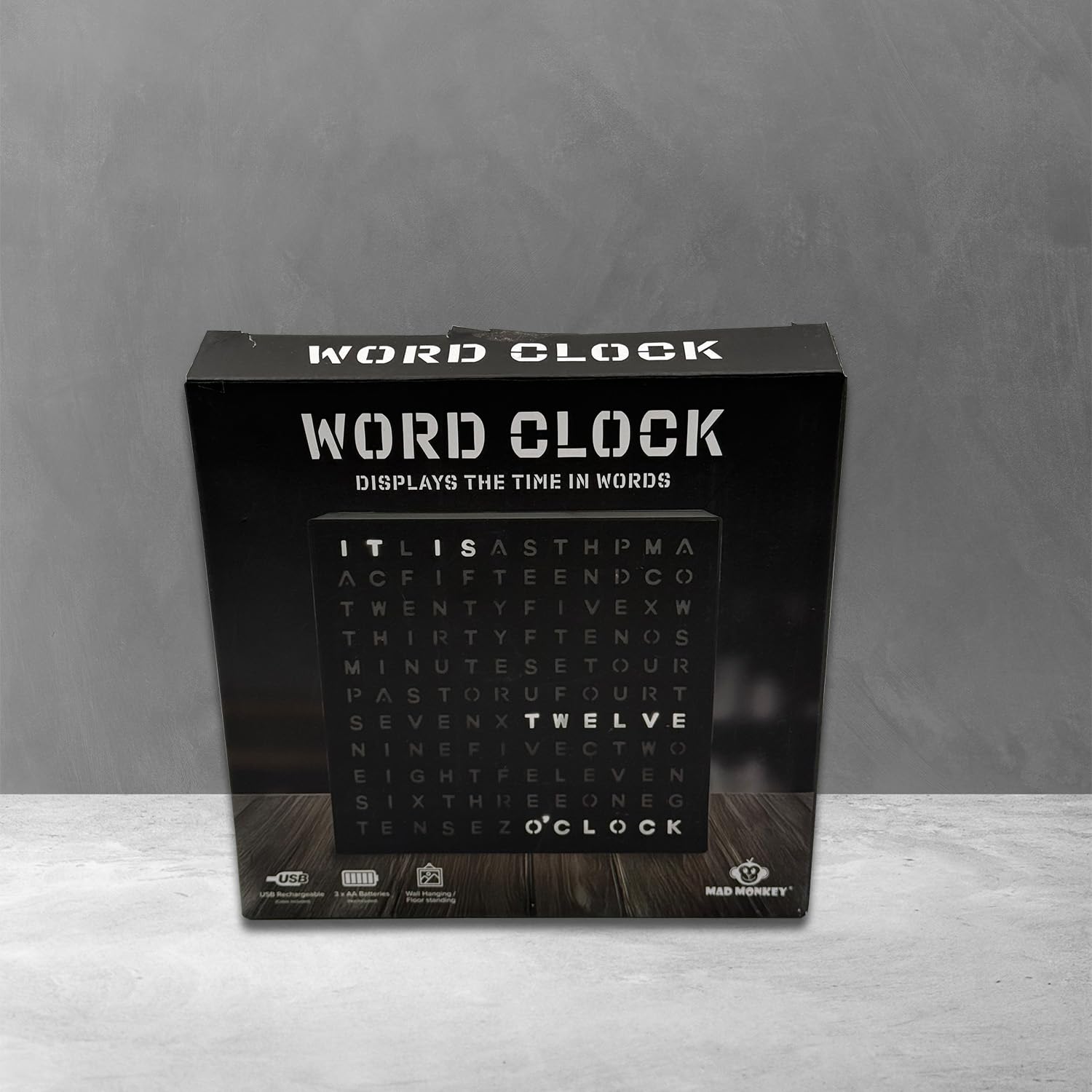 Mad Monkey Wortuhr - Wanduhr modern - Vielseitige Uhr zum Hinstellen oder Aufhängen - Stilvolle Wortuhr für Zuhause - Elegantes Design für Wohnzimmer, Büro & Schlafzimmer - Word Clock