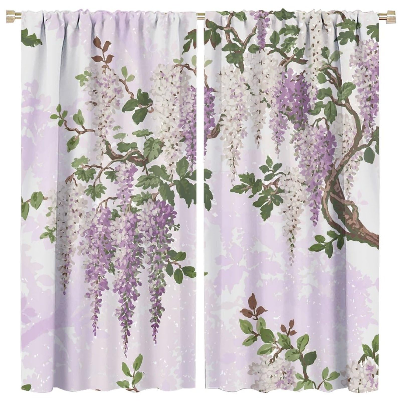 HZOHNAGO Lavender Flower Curtain Fantasy Purple Floral Green Leaves Botanical Pattern Blackout Print Rod Pocket Window Drapes for Bedroom Living Room 63x63in