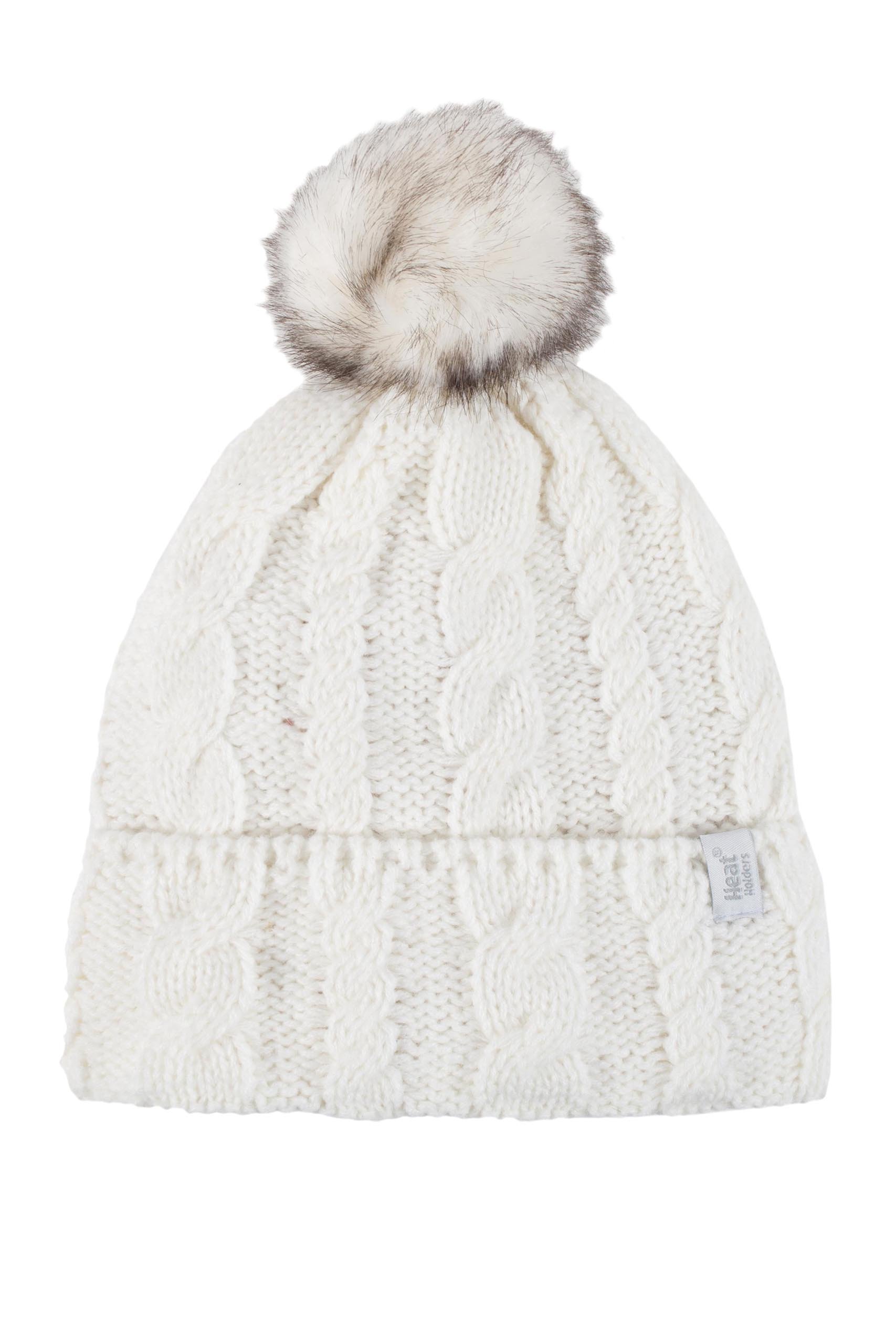 Heat Holders Maine Cable Turnover Cuff Pom Pom Hat, Cream, Women