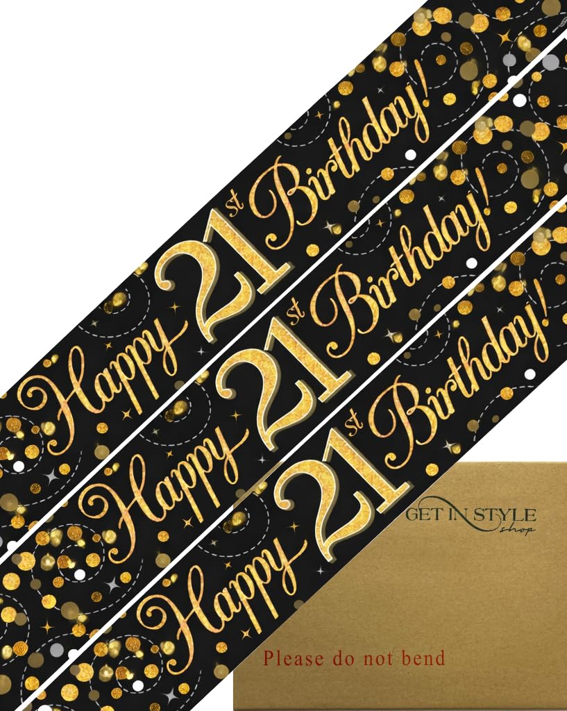 9ft Banner Sparkling Fizz 21st Birthday Black & Gold Holographic Foil Pennant (274cm)