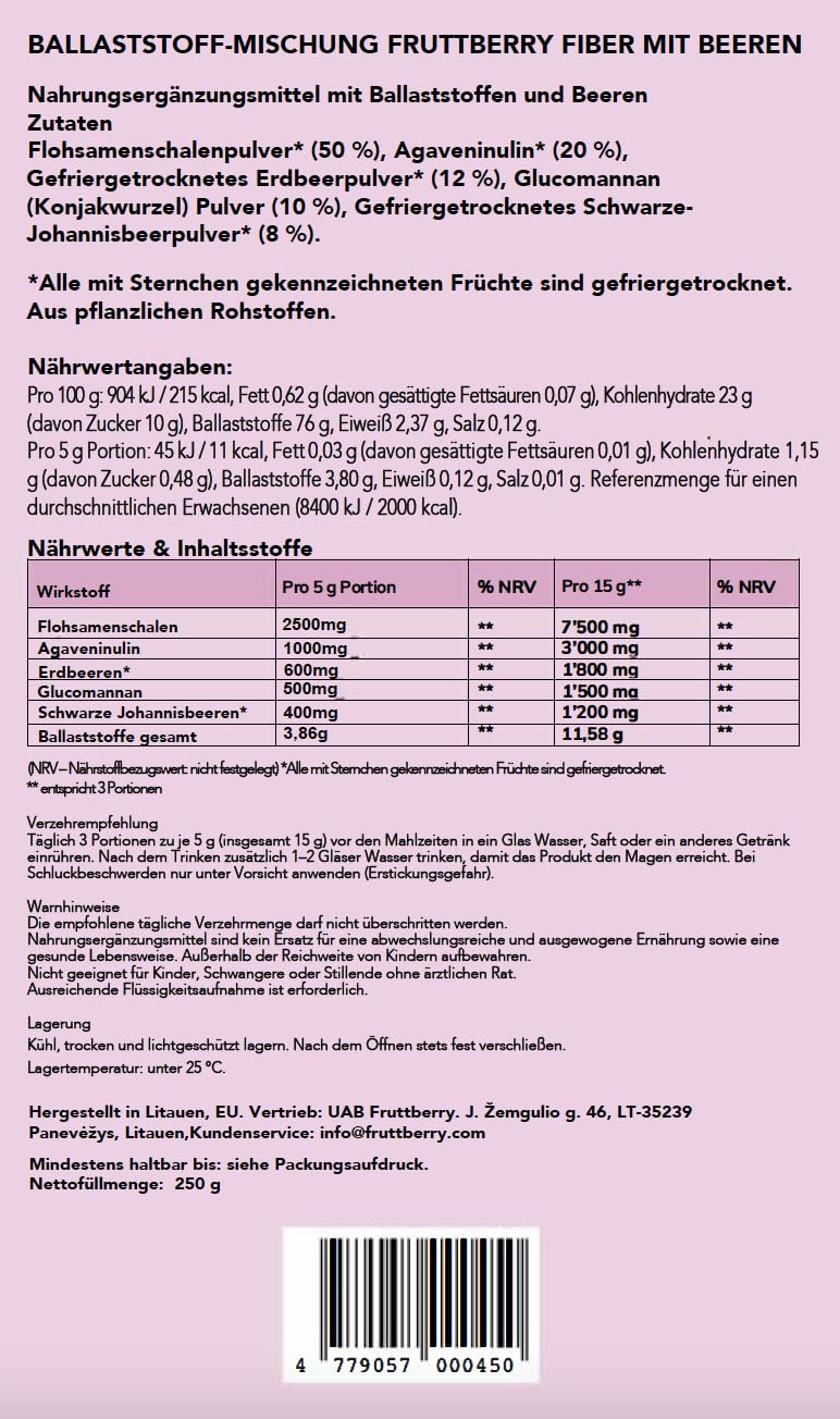 Ballaststoff-Mischung mit Beeren, Pulver – Flohsamenschalen, Agaveninulin & Glucomannan – Erdbeere & Schwarze Johannisbeere – 250 g (50 Portionen)