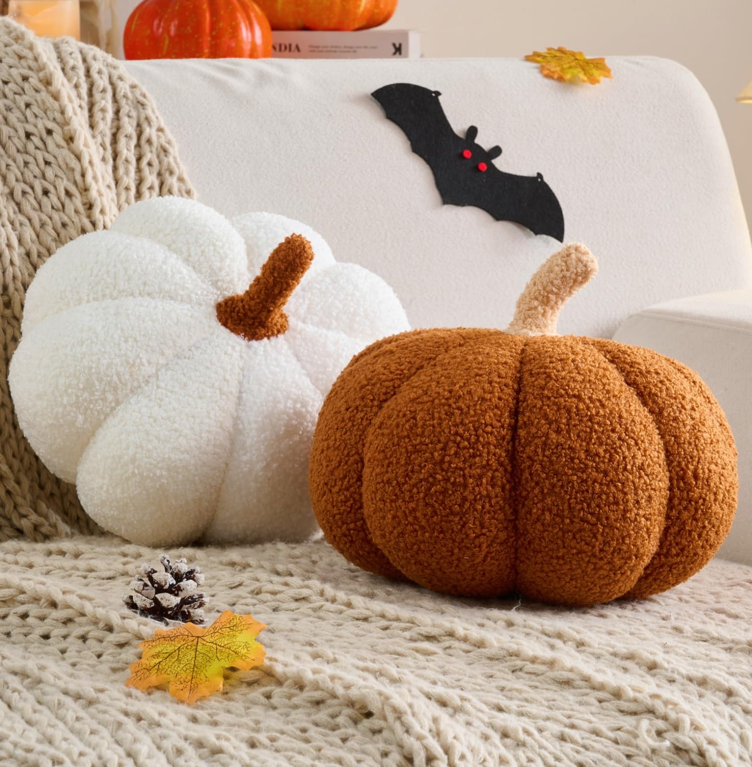 Fall Decor Pumpkin Pillow, 2 Pcs Halloween Pumpkin Shaped Throw Pillow 11.8 x 6 Inch Fall Decorations Pumpkin Decor for Halloween Thanksgiving Bedroom Sofa Couch