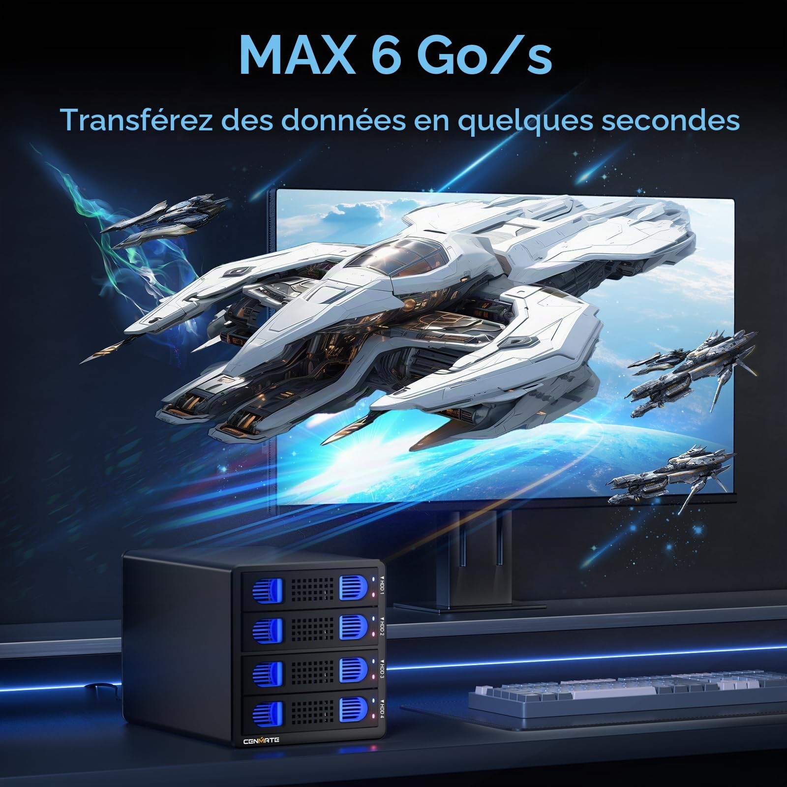 CENMATE Boîtier Disque Dur 4 Baies avec Ventilateur pour HDD/SSD SATA 2,5/3,5" avec Câble USB A/C 3.0 + eSATA, Boîtier HDD Prend en Charge Une Capacité de 80To (Pas DE Raid/NAS)