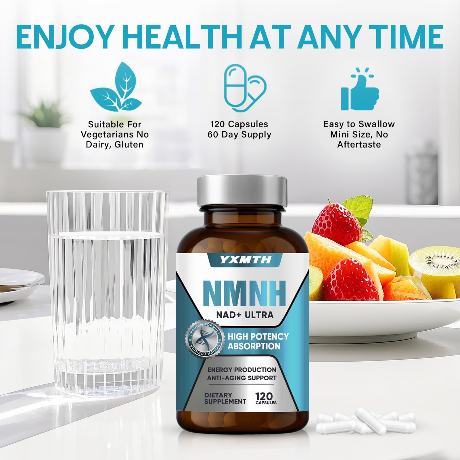 NMNH Kapseln hochdosiert, 2000 mg, 120 Stück,Für natürlichen Energieboost, Konzentration & Anti-Aging-Optimiert NAD+-Spiegel,Unterstützt Zellregeneration