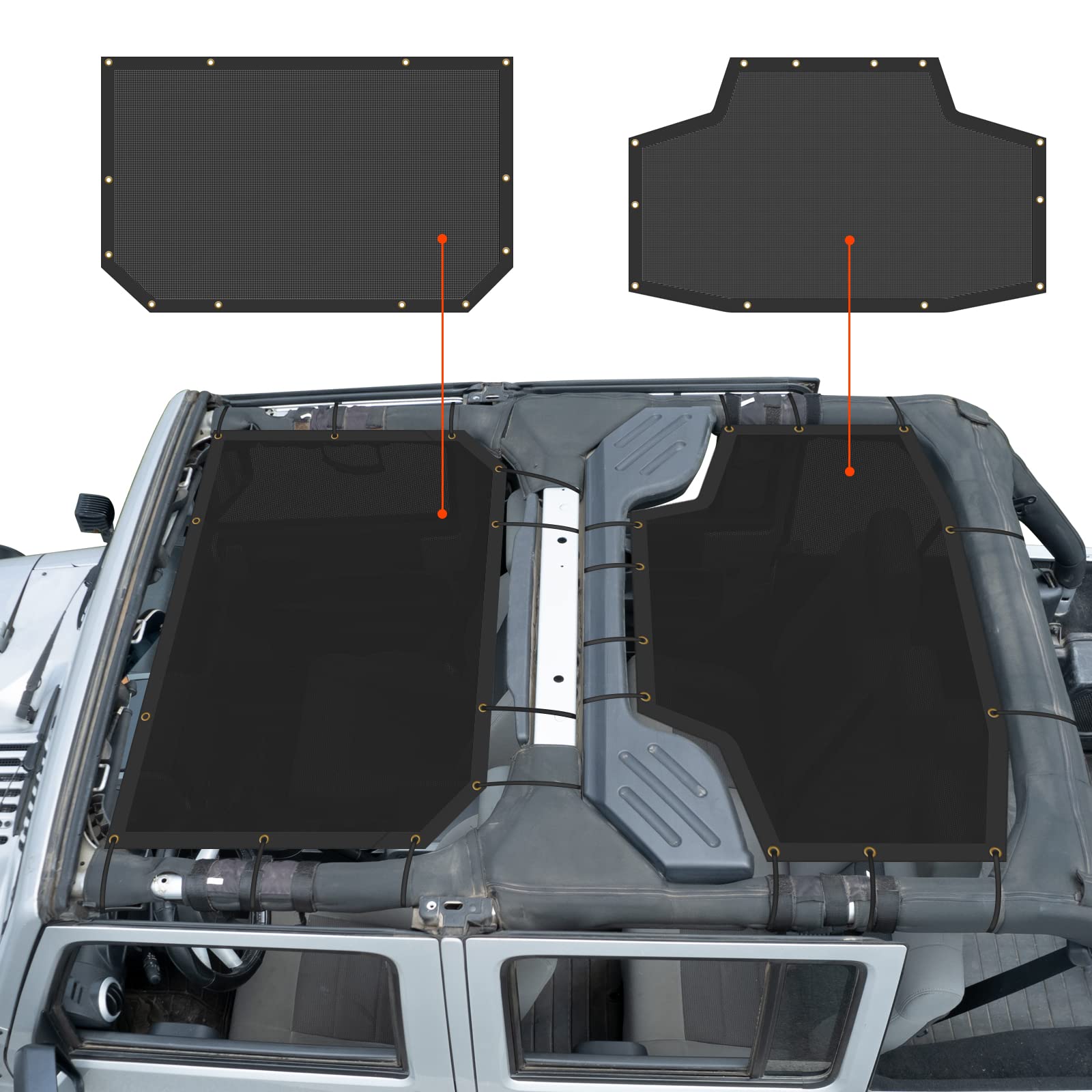 SHRRL Upgraded Jeep Sunshade for Wrangler 2007-2018 JKU, Thickened Front & Rear Mesh Sun Shade Top Cover for Wrangler JK Unlimited, Reduce UV, Wind & Noise (2 Pieces)