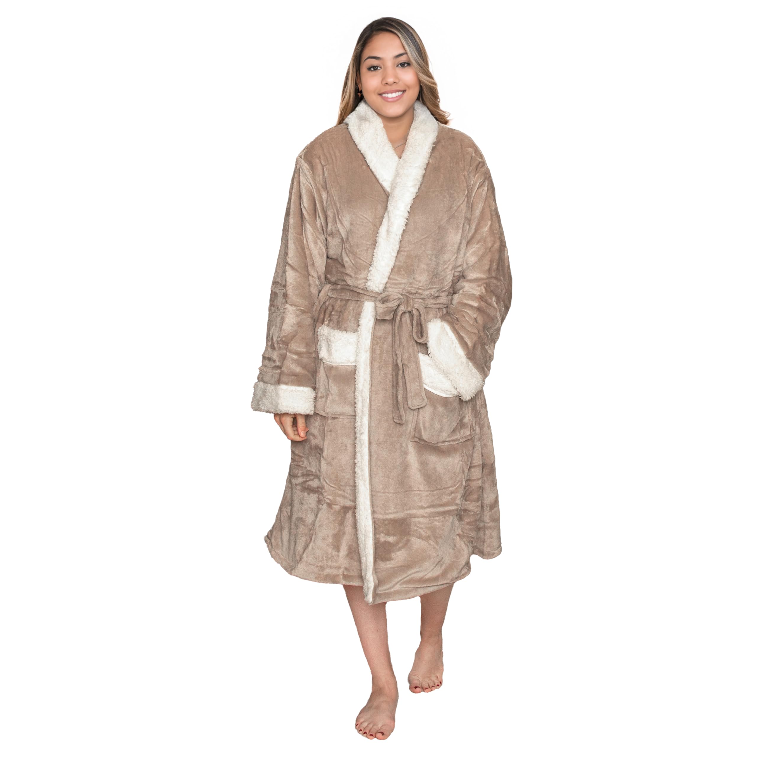 Aztex Women's Taupe Sherpa Style Shawl Collar Robe, S/M
