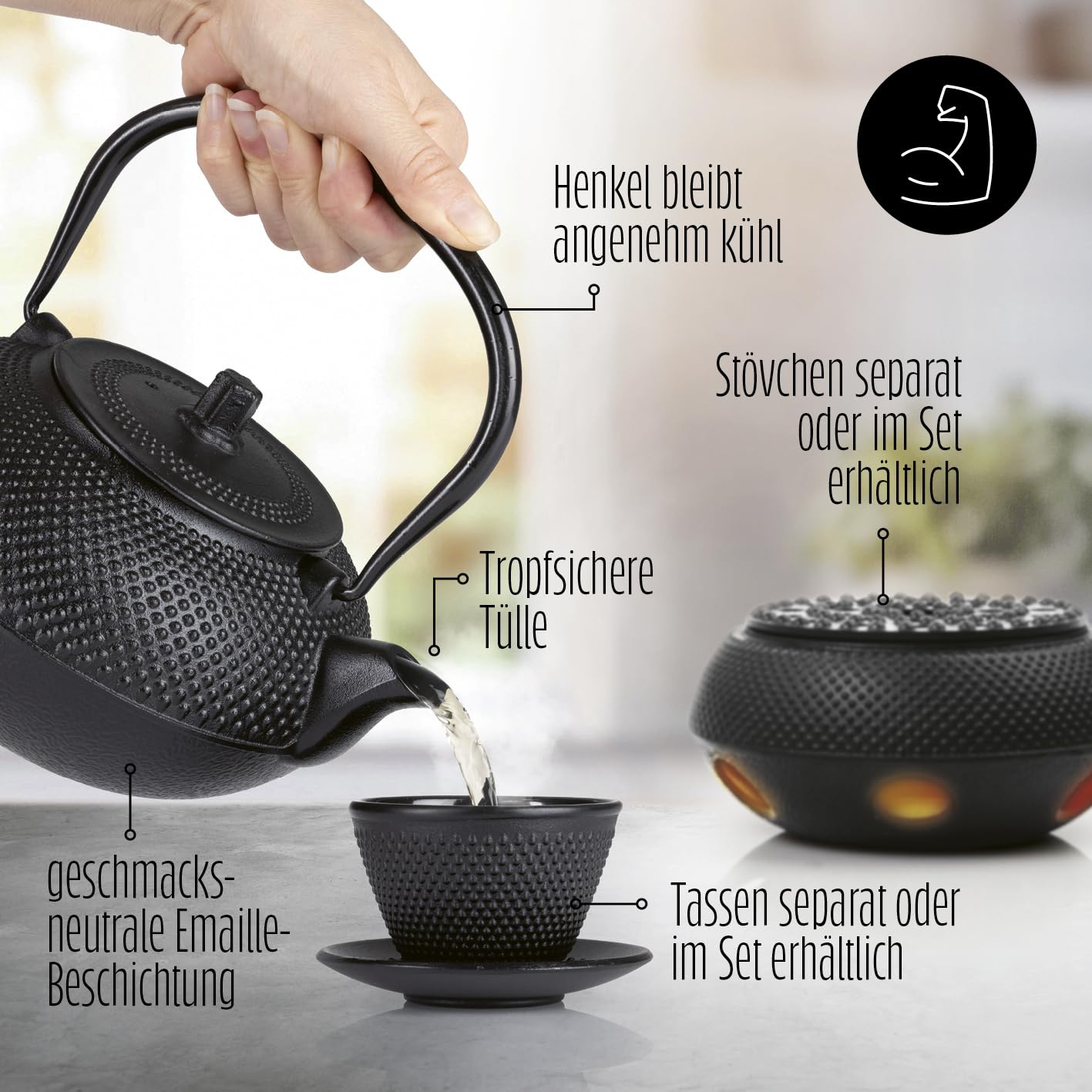 Lumaland Tee Kanne im Asia Hobnail Design | 1 x gusseiserne Teekanne (1,4 Liter) 1x Bambus Dosierlöffel 1 x Edelstahlsieb
