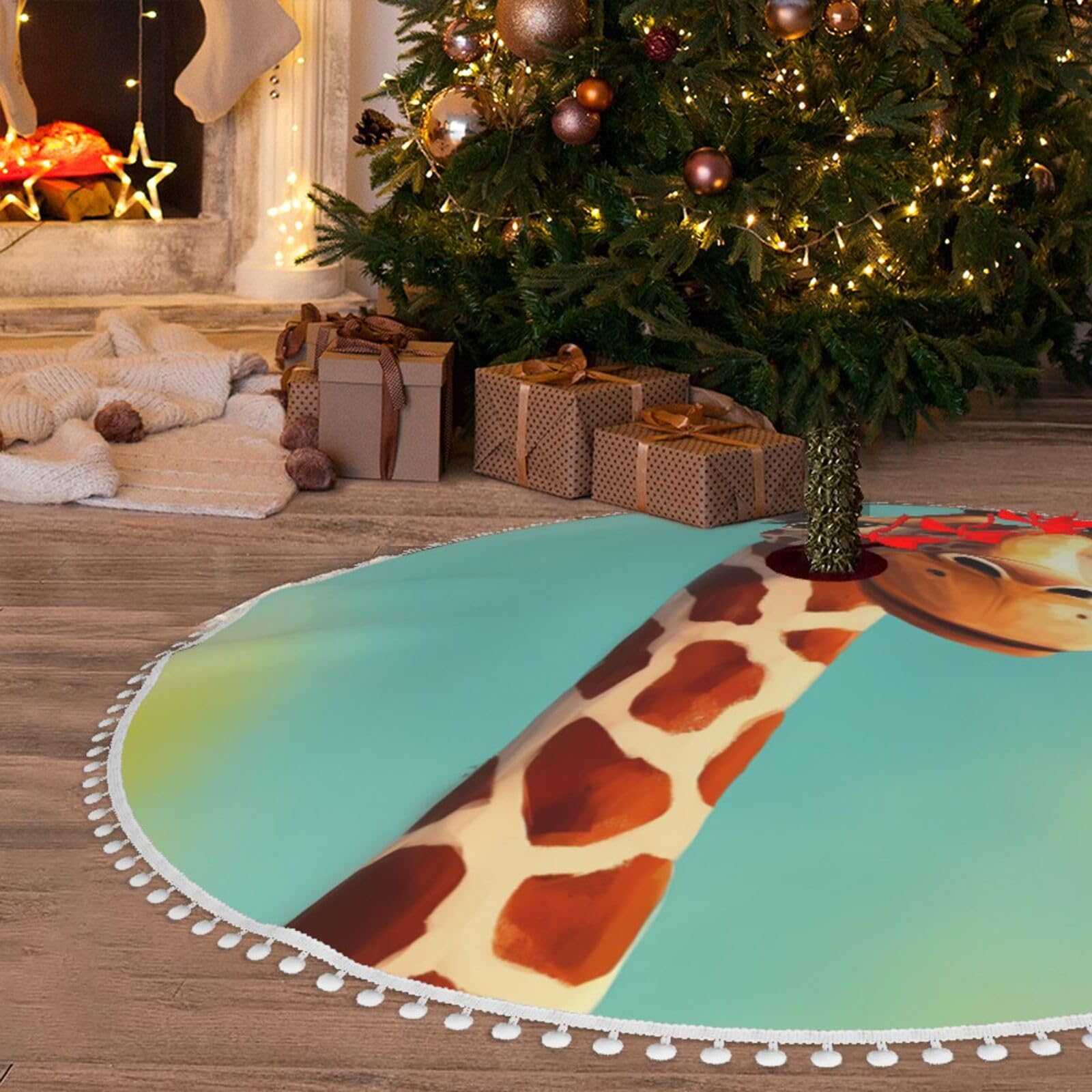 Tapis de sapin de Noël de 122 cm en peluche douce motif girafe haut de gamme