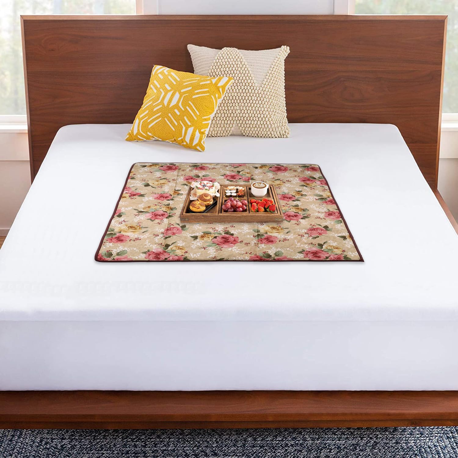 Kuber Industries Food Mat | Waterproof Bedsheet Protector | Reversible Bed Server Mat | Flower Square Mattress Protector | Food Mat for Kids | 90 cm | Beige