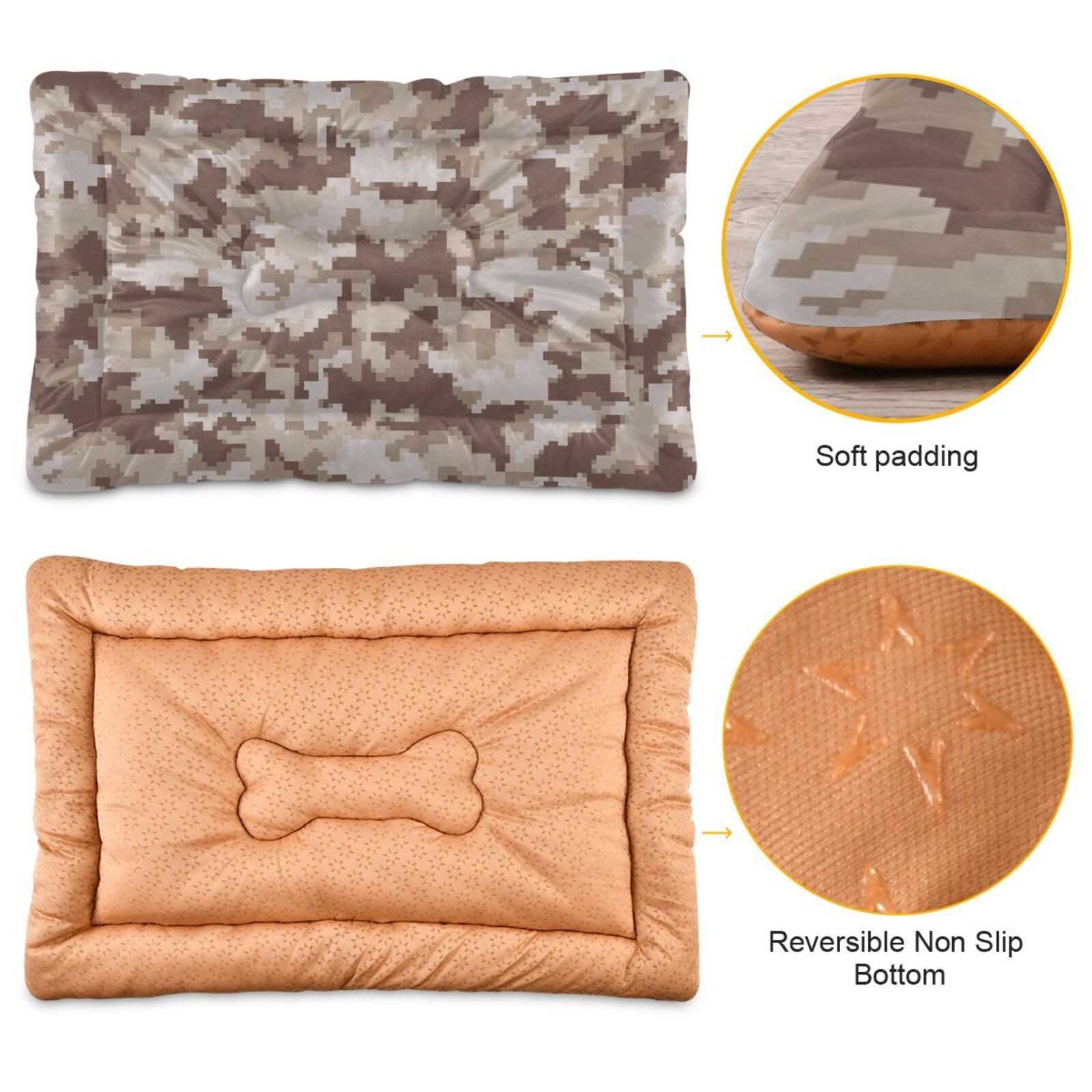 JUMBEAR Brown Camouflage Pet Mat, Comfortable Soft Dog Crate Pad Anti-Slip Pet Mattress for Small Medium Large Dogs and Cats, 24 x 18 Inch