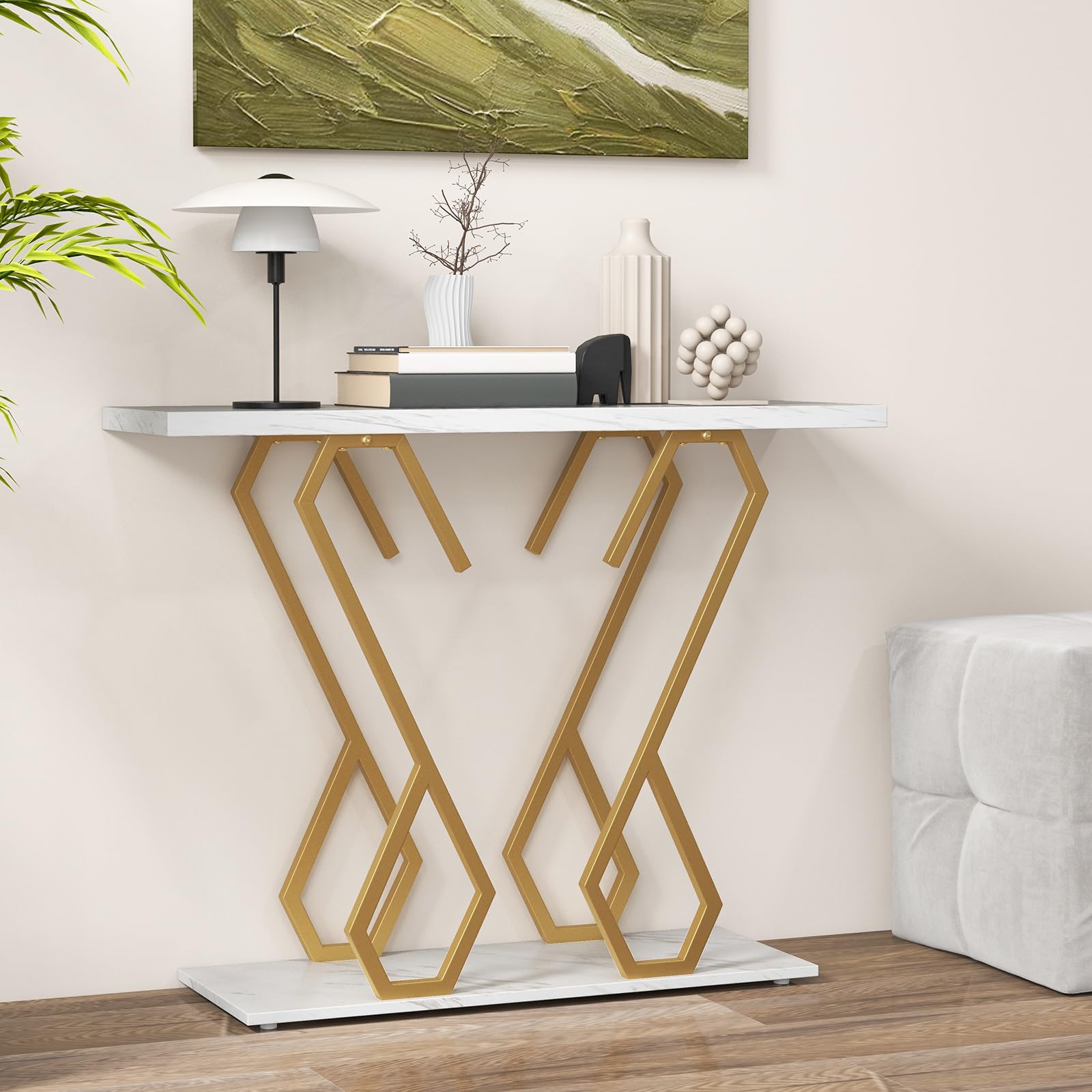 COSTWAY Tavolo Consolle 100cm, Tavolo d'Ingresso con Piedini Regolabili, Kit Antiribaltamento e Struttura in Metallo, Tavolino da Divano per Soggiorno, Ingresso e Corridoio (Bianco e Oro)