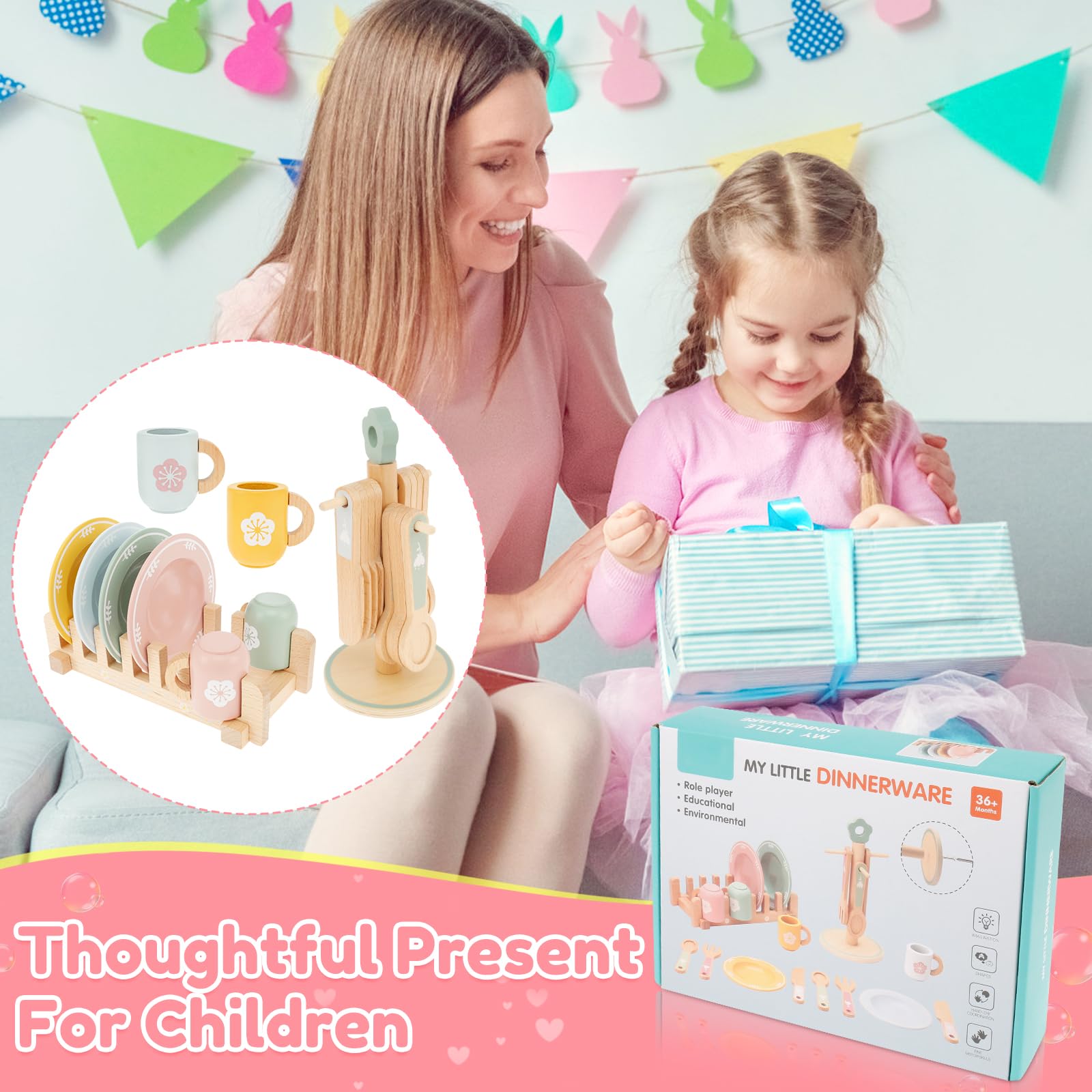 Set Stoviglie Cucina Bambini, Giochi Cucina Legno, Pentole E Piastra, 4 Piatti, 4 Tazze, 4 Coltelli, 4 Forchette, 4 Cucchiai, Supporto, Adatto A Ragazzi E Ragazze, Età 3/4/5 Anni