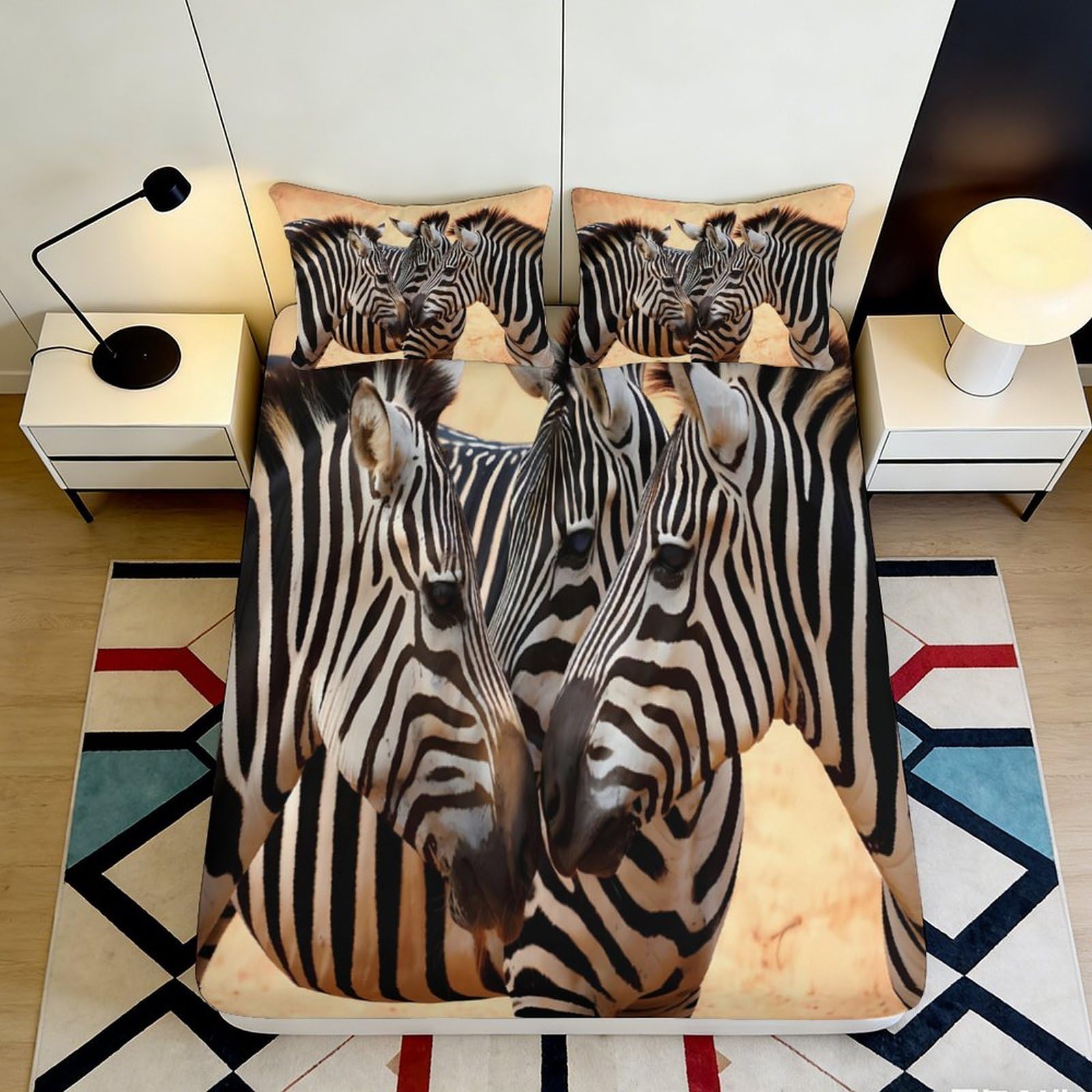 3D Printed Zebra Pattern Fitted Sheet Microfiber Durable Soft 3D Printed Striped Bed Cover for Bedroom Dormitory Guest Room Mattress Protection 200x200x25cm