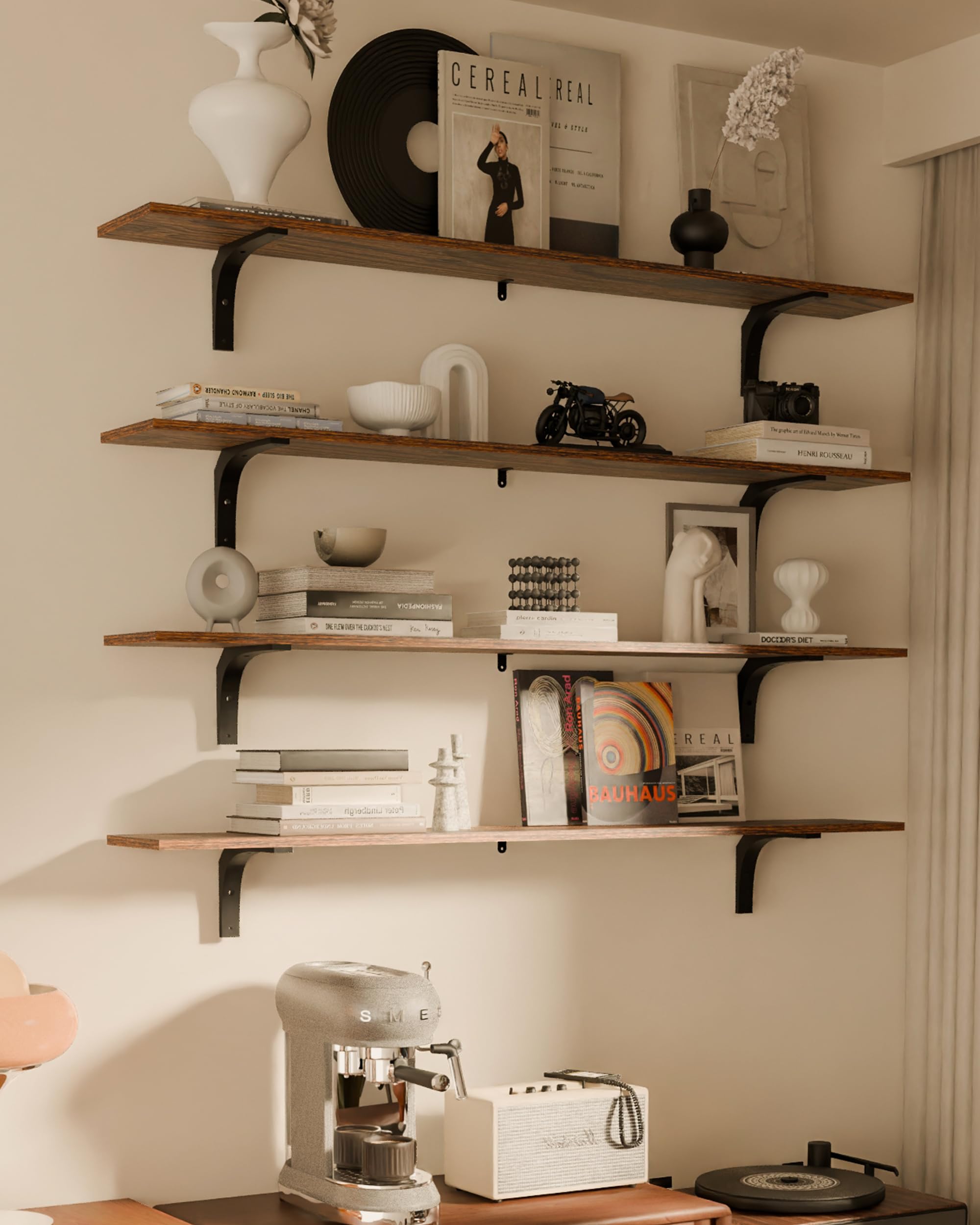 TEDIDUWA Rustic Wood Floating Shelves Set of 4, 48 Inch Long Wood Rustic Farmhouse Wall Shelves, Easy-to-Install Hanging Shelves for Living Room,