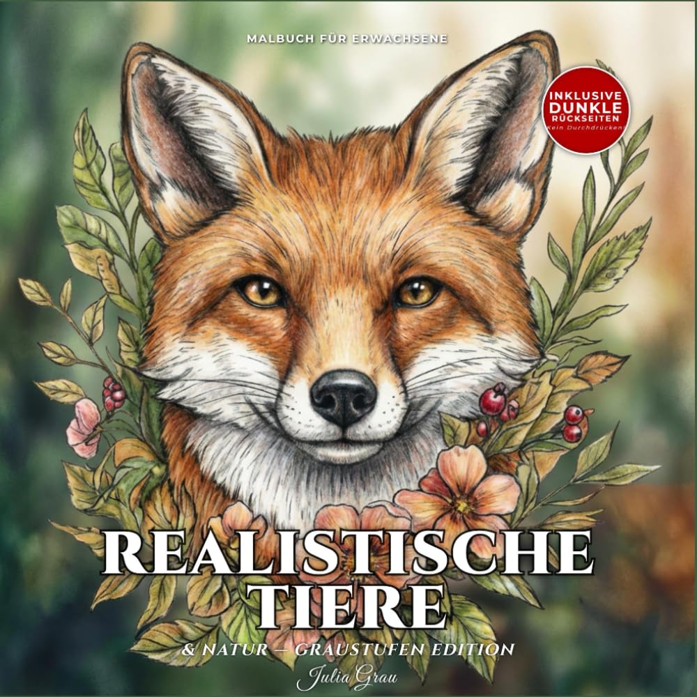 Malbuch für Erwachsene: Realistische Tiere & Natur – Graustufen Ausmalbilder: 50 detaillierte Skizzen zum Entspannen & Stressabbau – Wunderschöne Blumen, Tiere und Landschaften | Kreatives Geschenk
