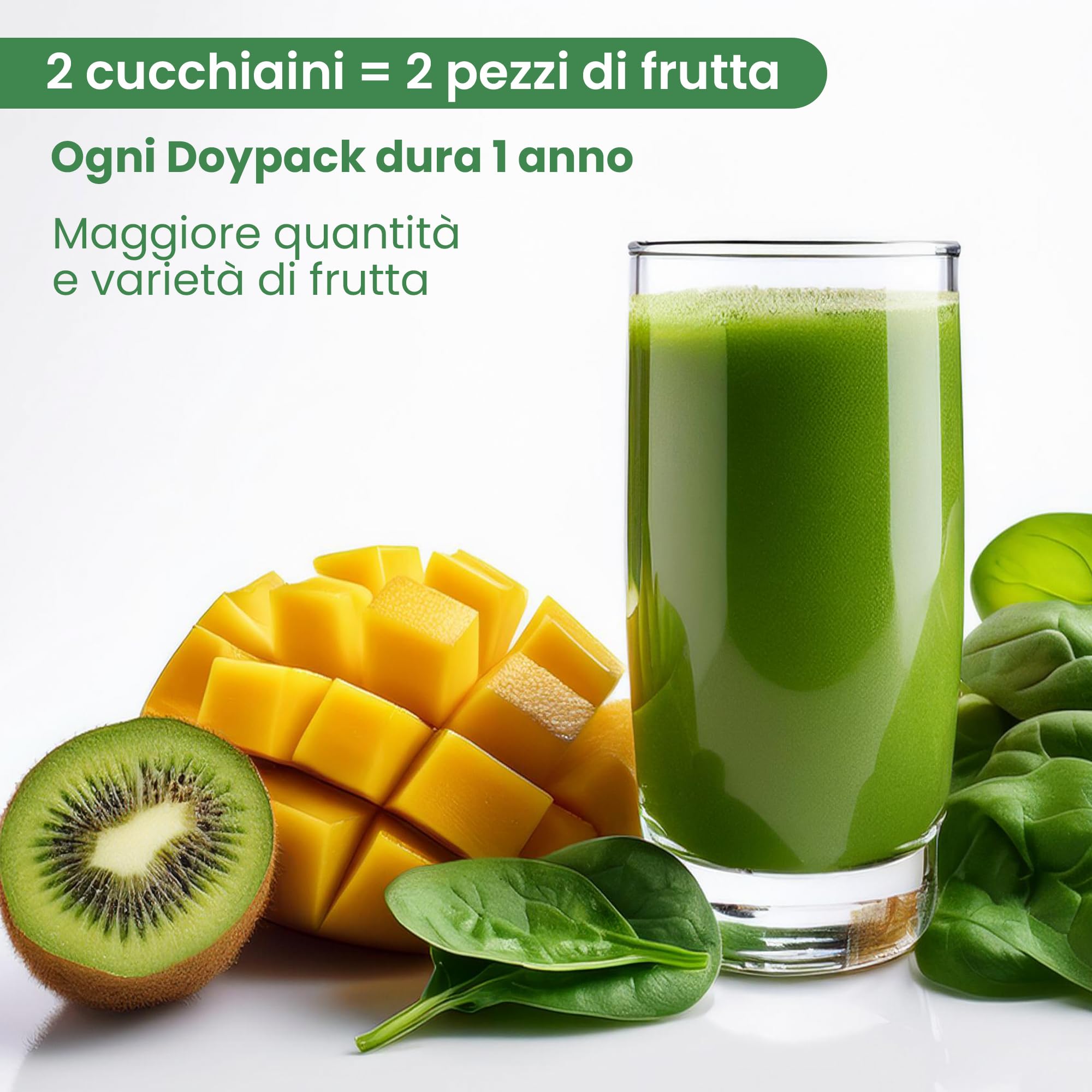 GREENORA Polvere di Spirulina, Spinaci, Zenzero, Cavolo Riccio, Mango e Kiwi per Smoothie. Frutta e Verdura Liofilizzata 100% Naturale. Vegan. 100g