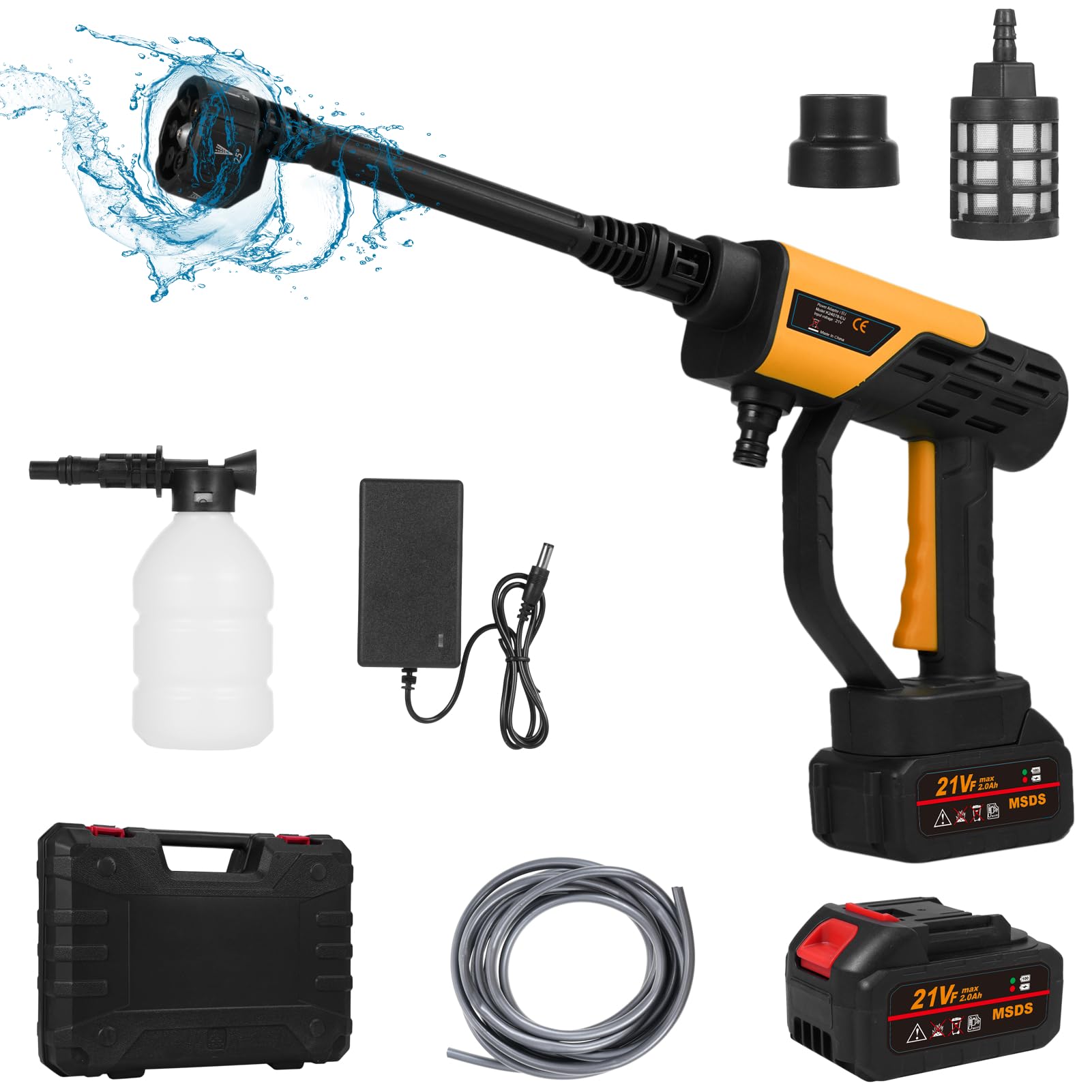 21 V Limpiador de alta presión con batería de 21 V, 30 bar/435 PSI portátil con 2 baterías, boquilla 6 en 1, pistola de espuma, manguera de 4,9 metros para riego, limpieza, lavado de coche