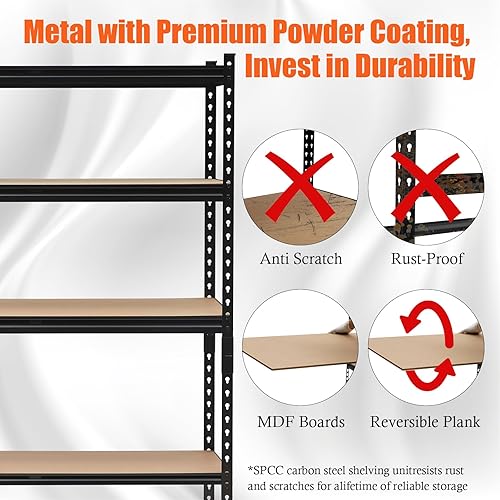 Miniatura 4 de Estantería de garaje resistente, estantes de almacenamiento ajustables de 5 niveles, 48 x 18 x 72 pulgadas, cargas de 3000 libras, estantería de