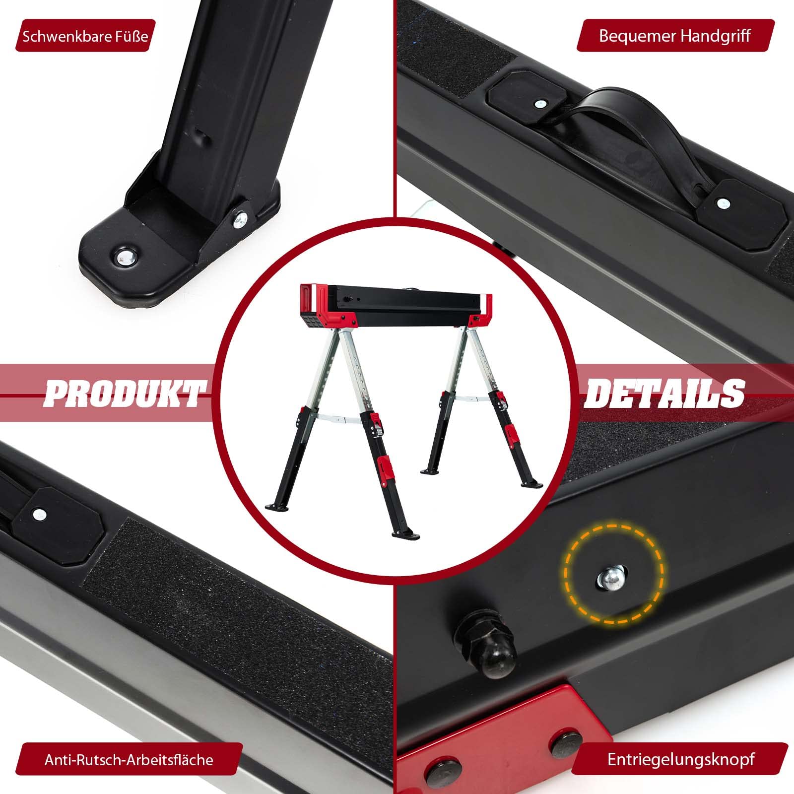 COSTWAY 2 x ​Arbeitsbock höhenverstellbar, bis 1180 kg belastbar, Klappbarer Sägebock, Rutschfeste PVC-Oberseite, Tragbarer Unterstellbock mit Griff, Faltbarer Gerüstbock Klappbock (Rot+Schwarz)