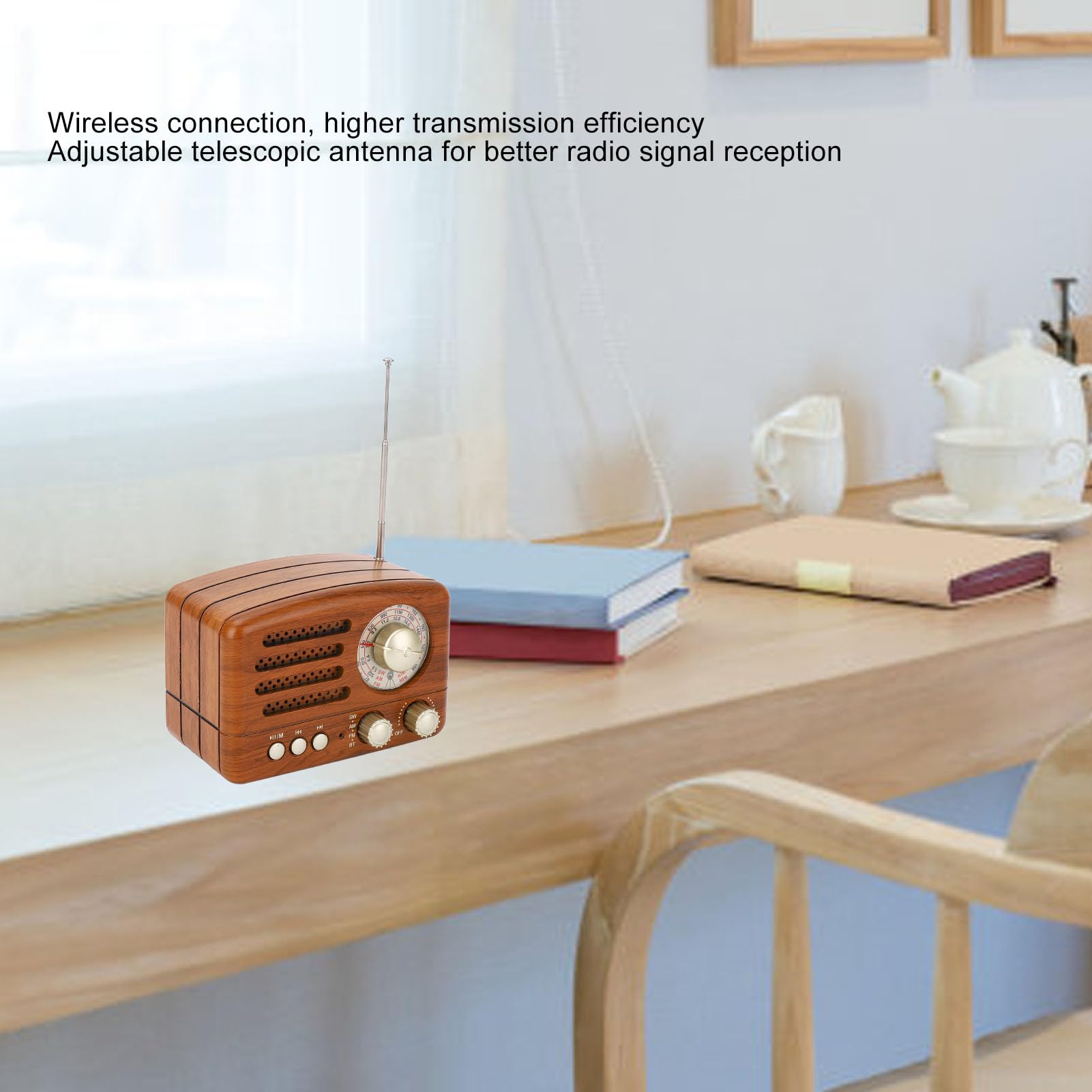 Radio AM FM vintage Altoparlante retrò portatile USB con antenna regolabile, batteria 1800mAh, legno