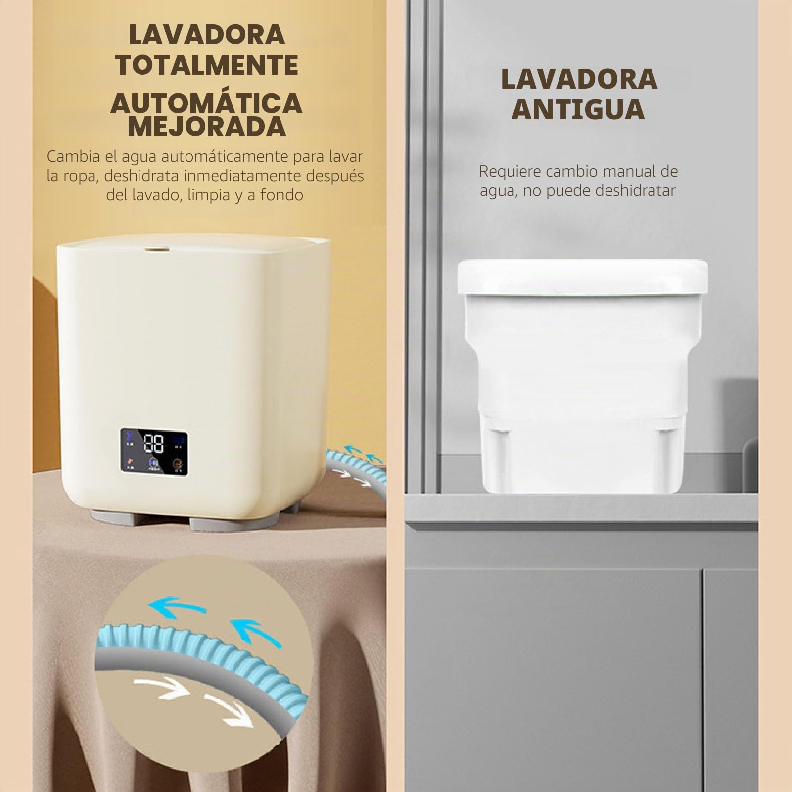 Lavadora Portátil, 7L Gran Capacidad Mini Lavadora Totalmente Automática con Centrifugadora, Pantalla Táctil LCD Lavadora Pequeña para Ropa Interior Pequeña, (Beige)