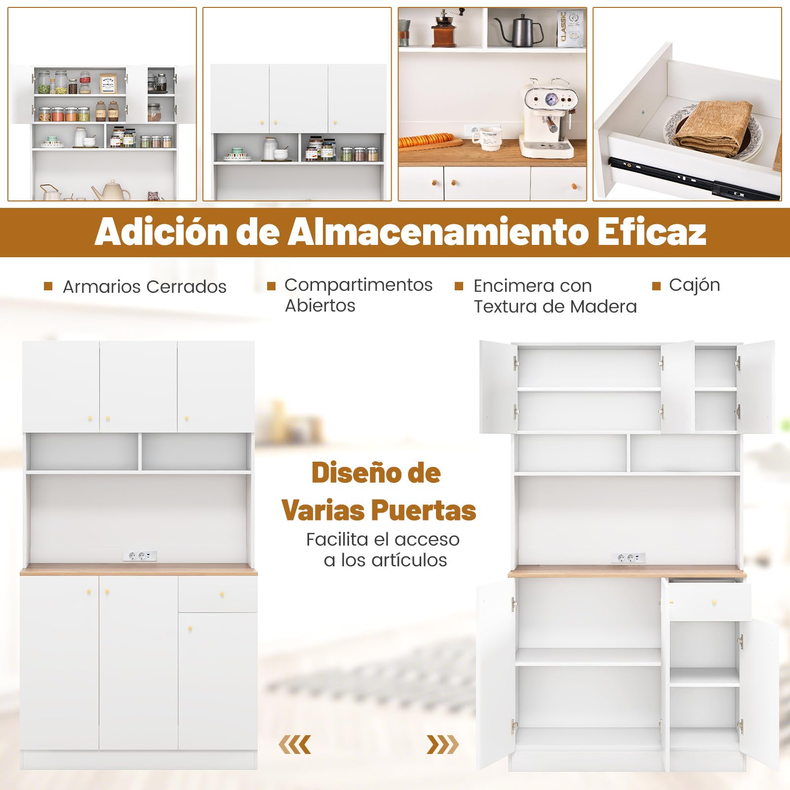 COSTWAY Armario Alacena de Cocina, Aparador Con Tomas de Corriente, Puertos USB, Kits Antivuelco y Estantes Ajustables de 3 Posiciones, Mueble Auxiliar, 100x40x181 cm (Blanco)