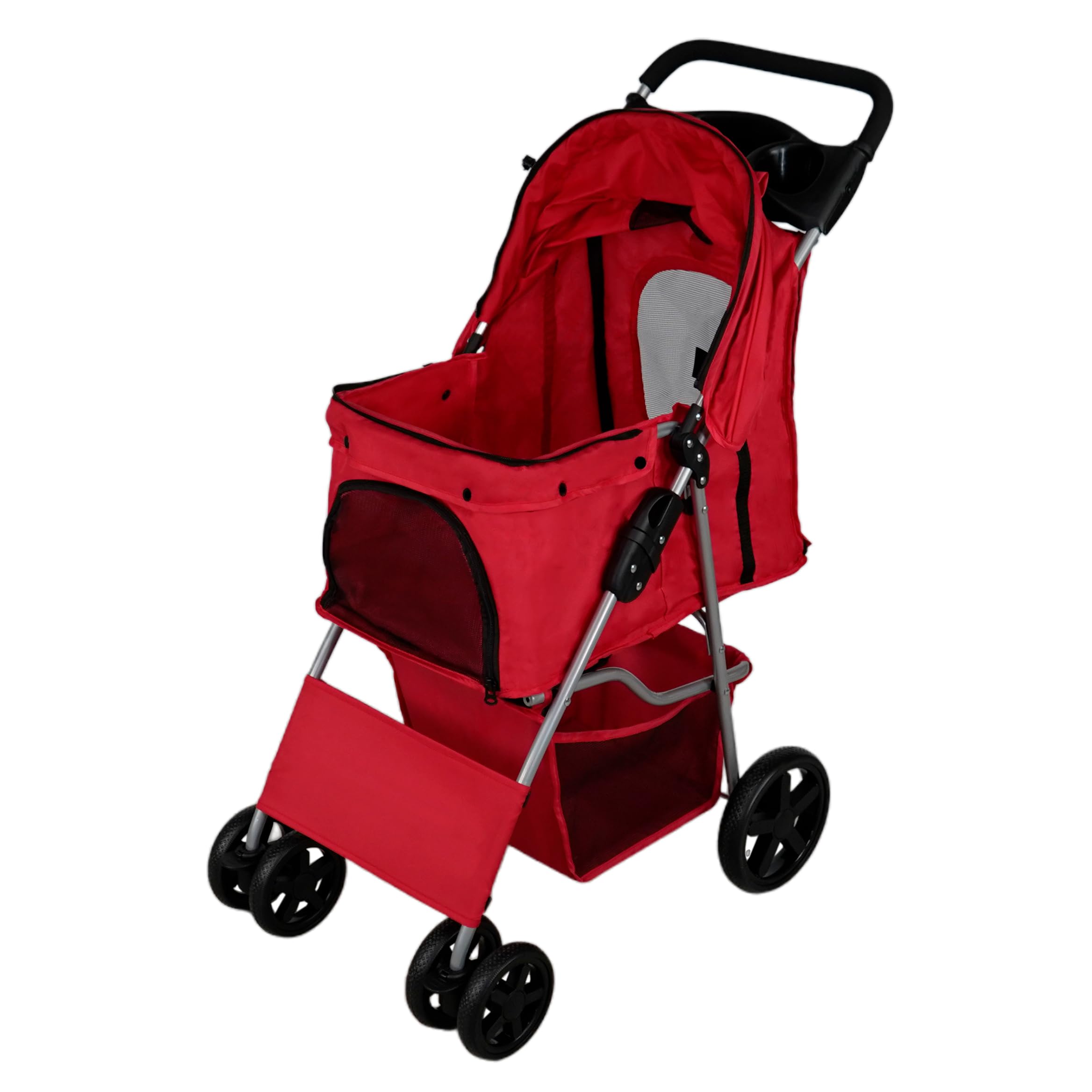 Cochecito Rojo Plegable para Mascotas Carrito Viaje para Perros Gatos Pet Travel Stroller Pet Trolley Dog Pram Capacidad Carga 15kg con Gancho Cierre Mosquetón Cesta Portavasos y Funda lluvia GRATIS
