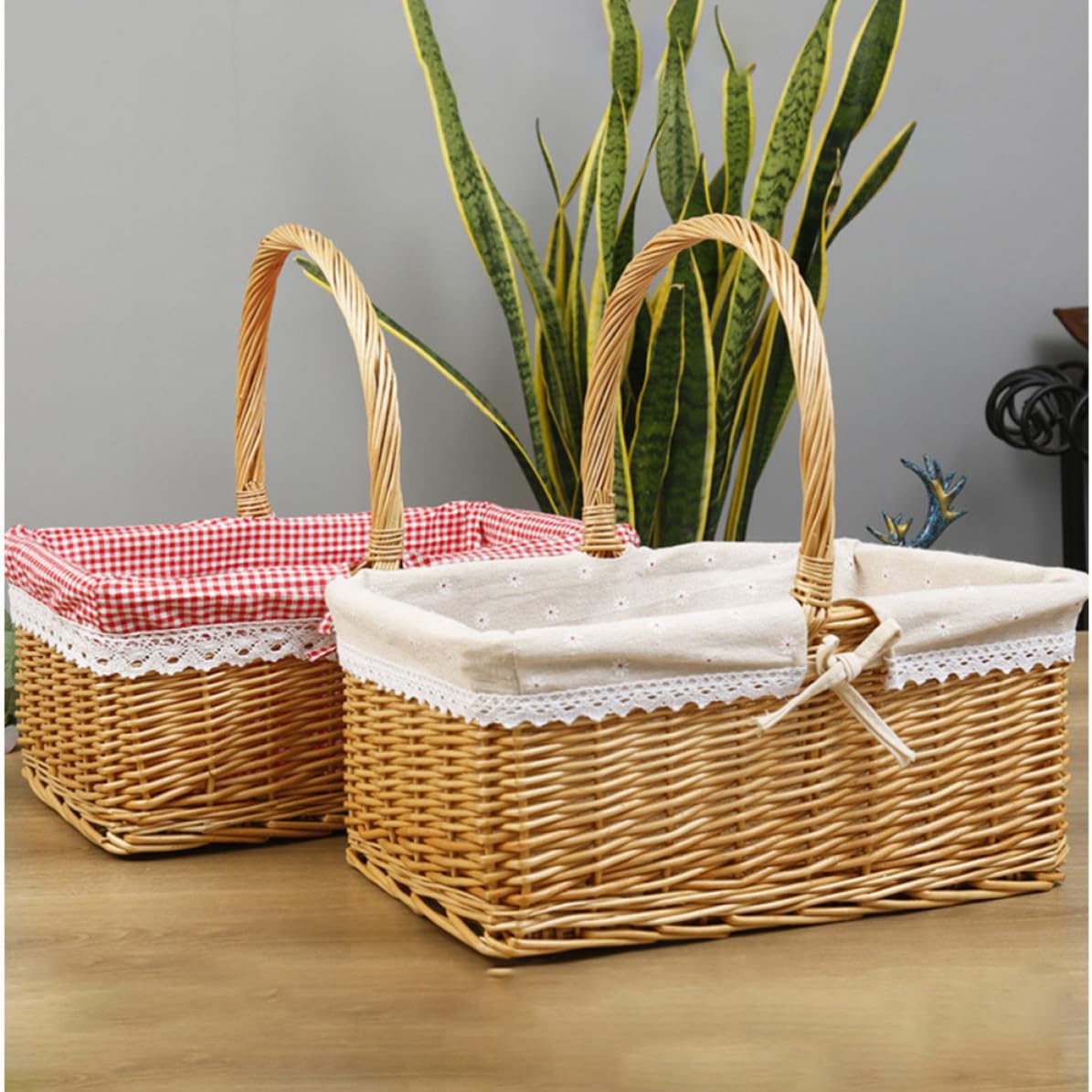 Cesta de Mimbre para Picnic, Cuadrada, Asa, Sauce y Tela