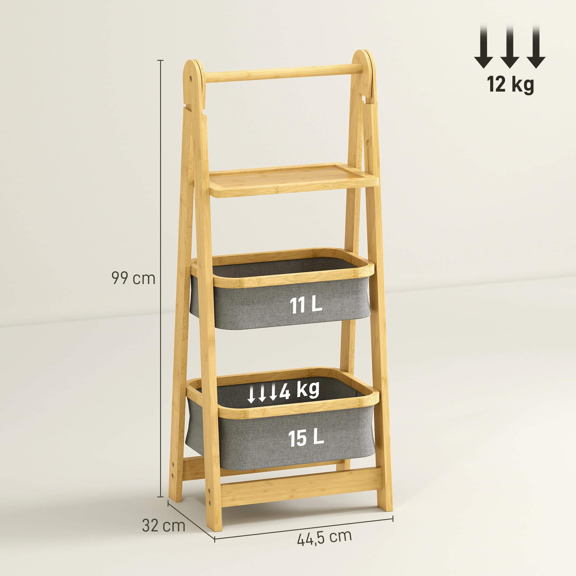 HOMCOM Estantería para Baño Plegable de Bambú, 2 Cestos Ropa Sucia, Gris