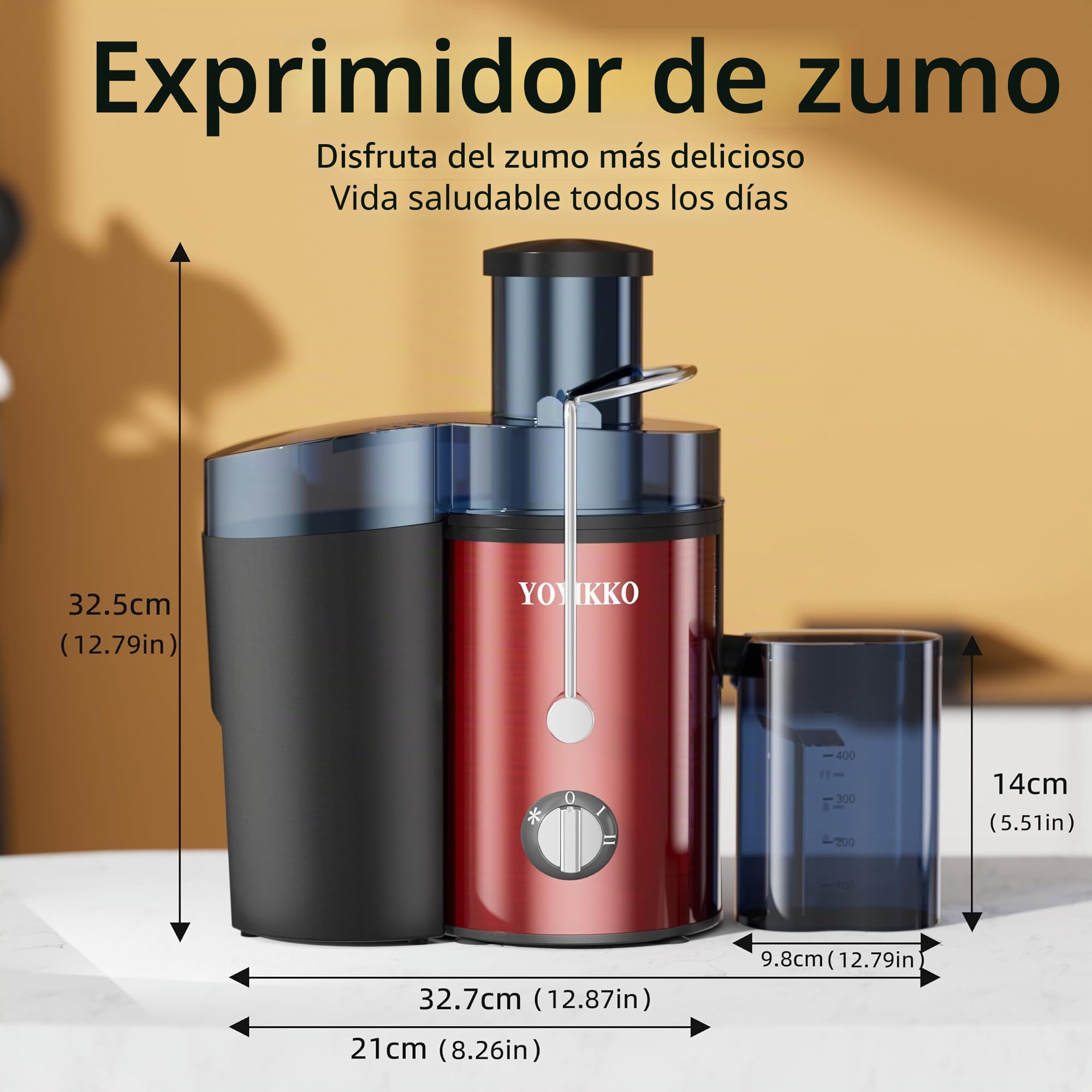 Licuadoras Para Verduras y Frutas, ajuste de 3 velocidades, extractor de frutas y verduras de 800W con boca ancha de 75 mm, fácil de limpiar, acero inoxidable sin BPA (Rojo-30)